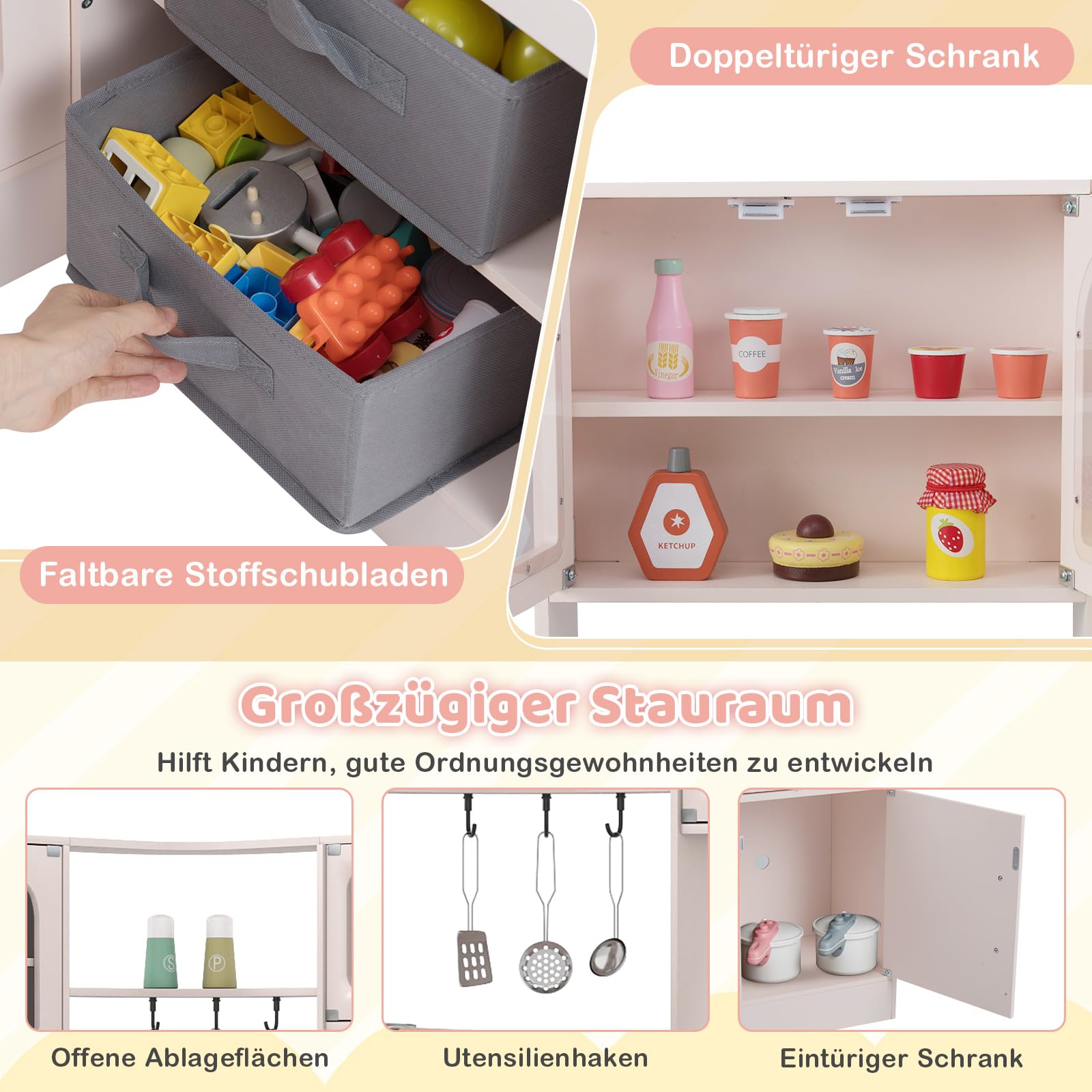 GOPLUS Kinderküche, Spielküche Holz mit Licht & Sound, Eck Puppenküche mit ausziehbarem Wagen, Stoffkörben, Spüle, Herd, Kühlschrank, Ofen & Zubehör, Spielzeugküche für Kinder ab 3 Jahren (Rosa)