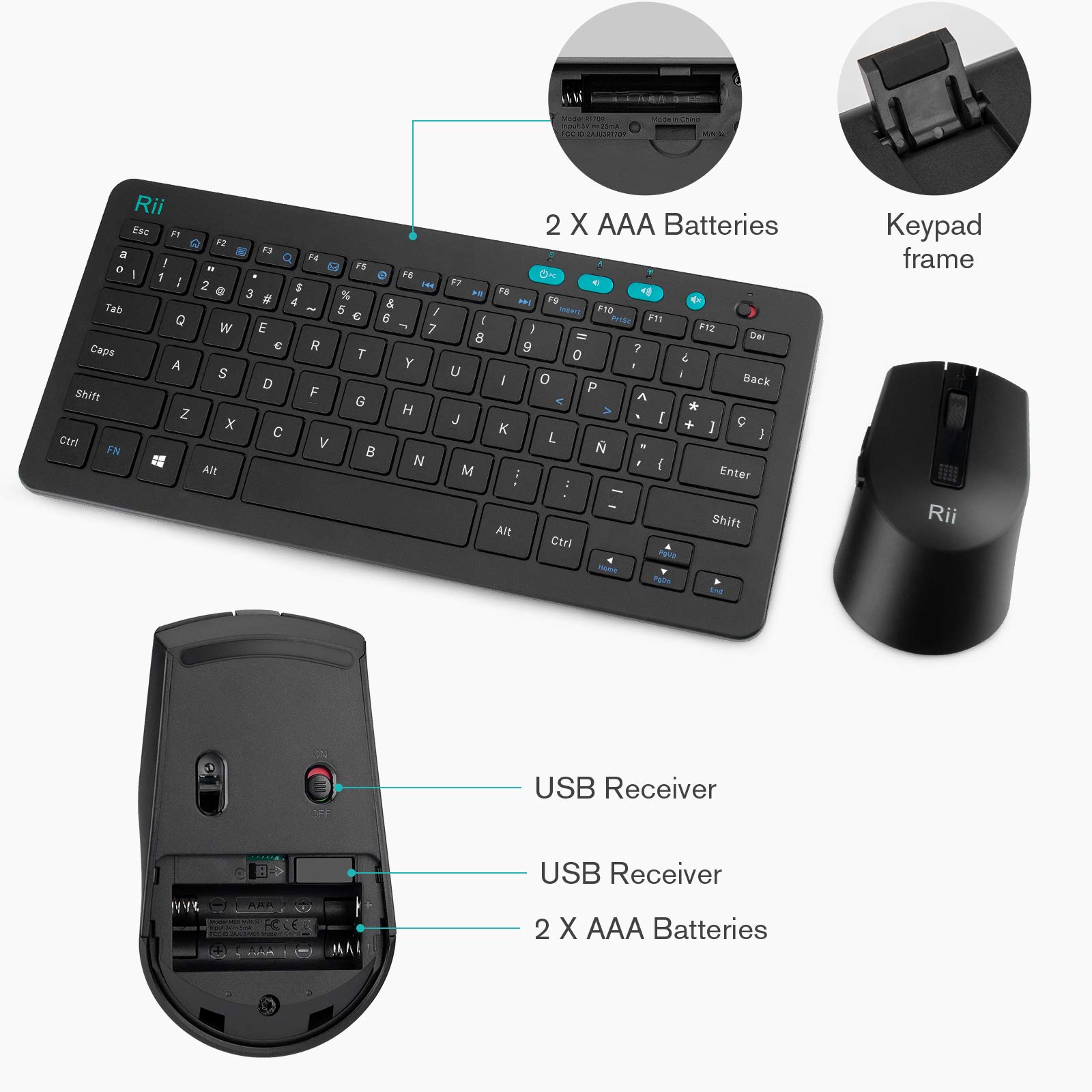 Rii RKM709 Combo de Teclado Español y Ratón Inalámbrico, QWERTY Español, Negro, para Windows, Android, Chrome y Smart TV etc.