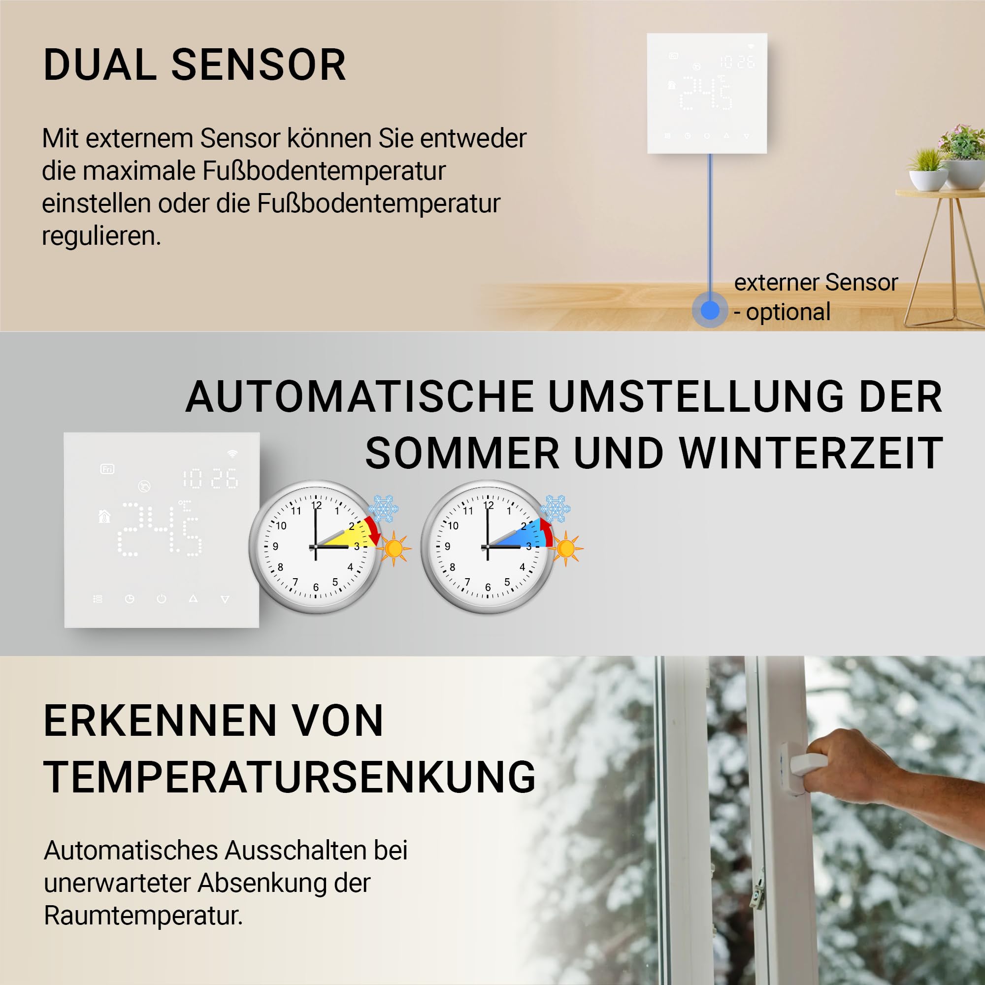 Elektrobock PT741W-EI Raumthermostat mit WiFi | Smartes Thermostat für Fußbodenheizung & Elektroheizung | 6 Programme/Tag | Geofencing & Fenster-Offen-Erkennung | 230V, 16A, Weiß