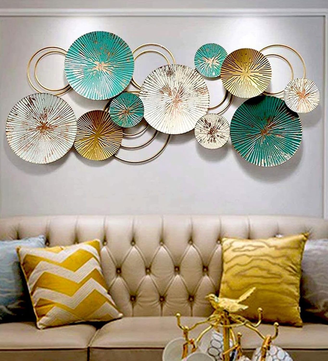 URBAN INSPIRATIONS LARGE METAL WALL ART – PREMIUM HANDCRAFTED ANTIQUE GOLD & TURQUOISE GREEN CIRCLE DESIGN | MODERN HOME WALL DÉCOR FOR LIVING ROOM, BEDROOM, OFFICE, HALL, HOTELS & CAFES | IRON DECORATIVE PIECE 46X19 INCH-image-10