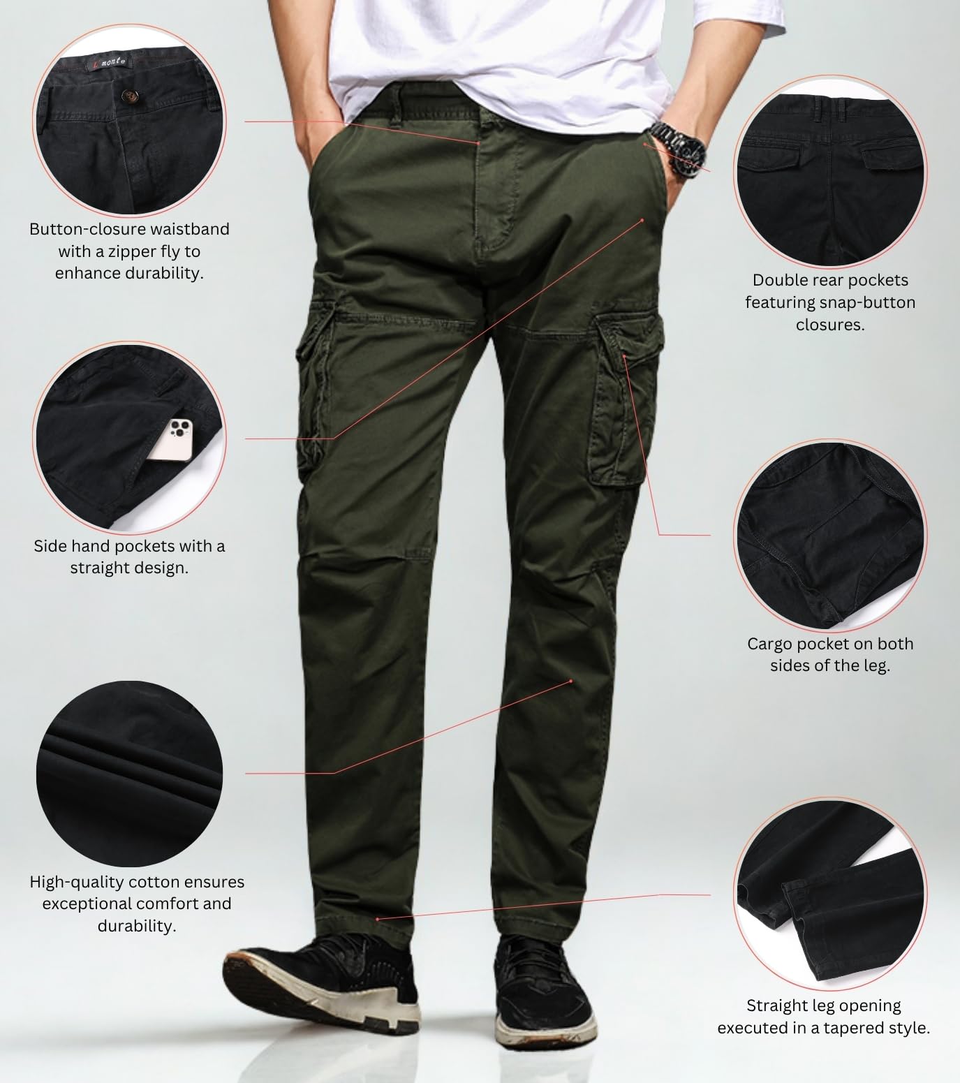 L'MONTE Imported Cargo Joggers for Men | Multi Pocket Cotton Cargo Pants | Regular Fit Casual Trousers for Men | Button Closure Jogger Pants(36,Green) 4