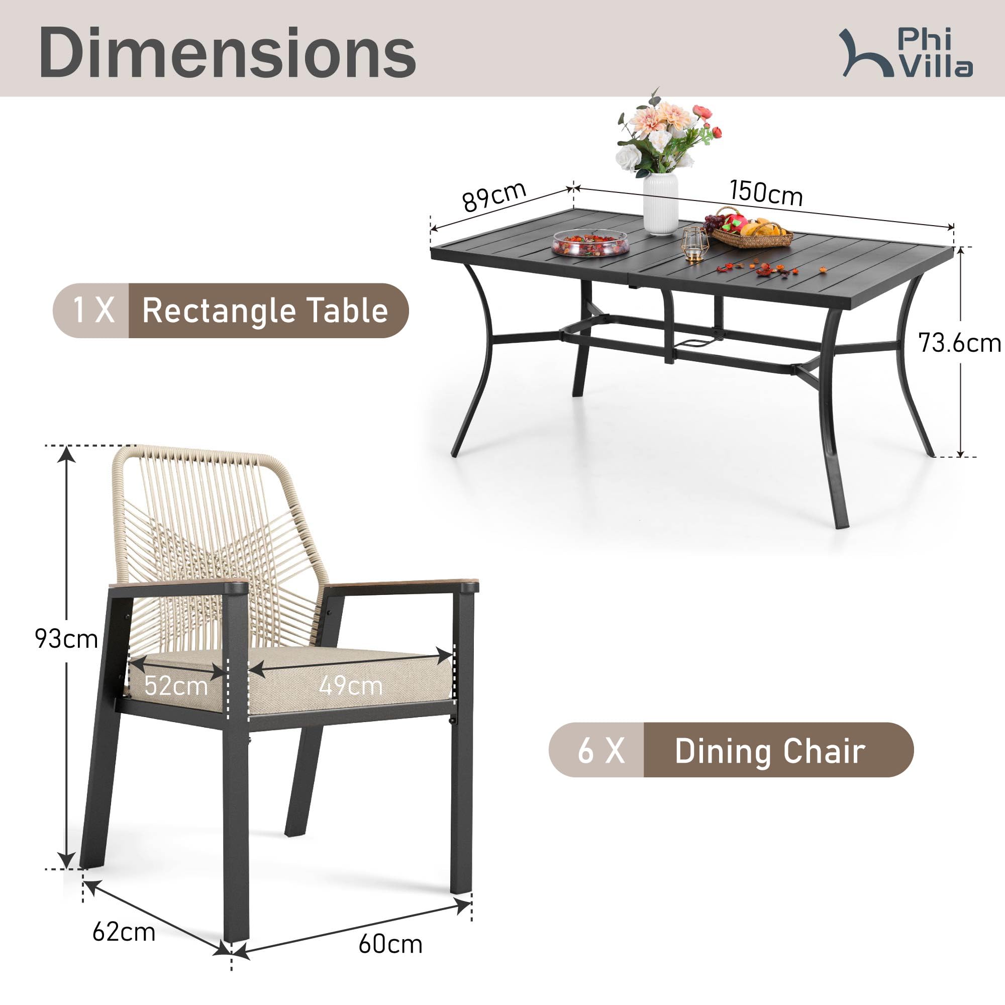 PHI VILLA Table Chaise de Jardin Exterieur, Table a Manger avec 6 Chaises Rotin avec Trou de Parasol Fer Forgé Terrasse Balcon