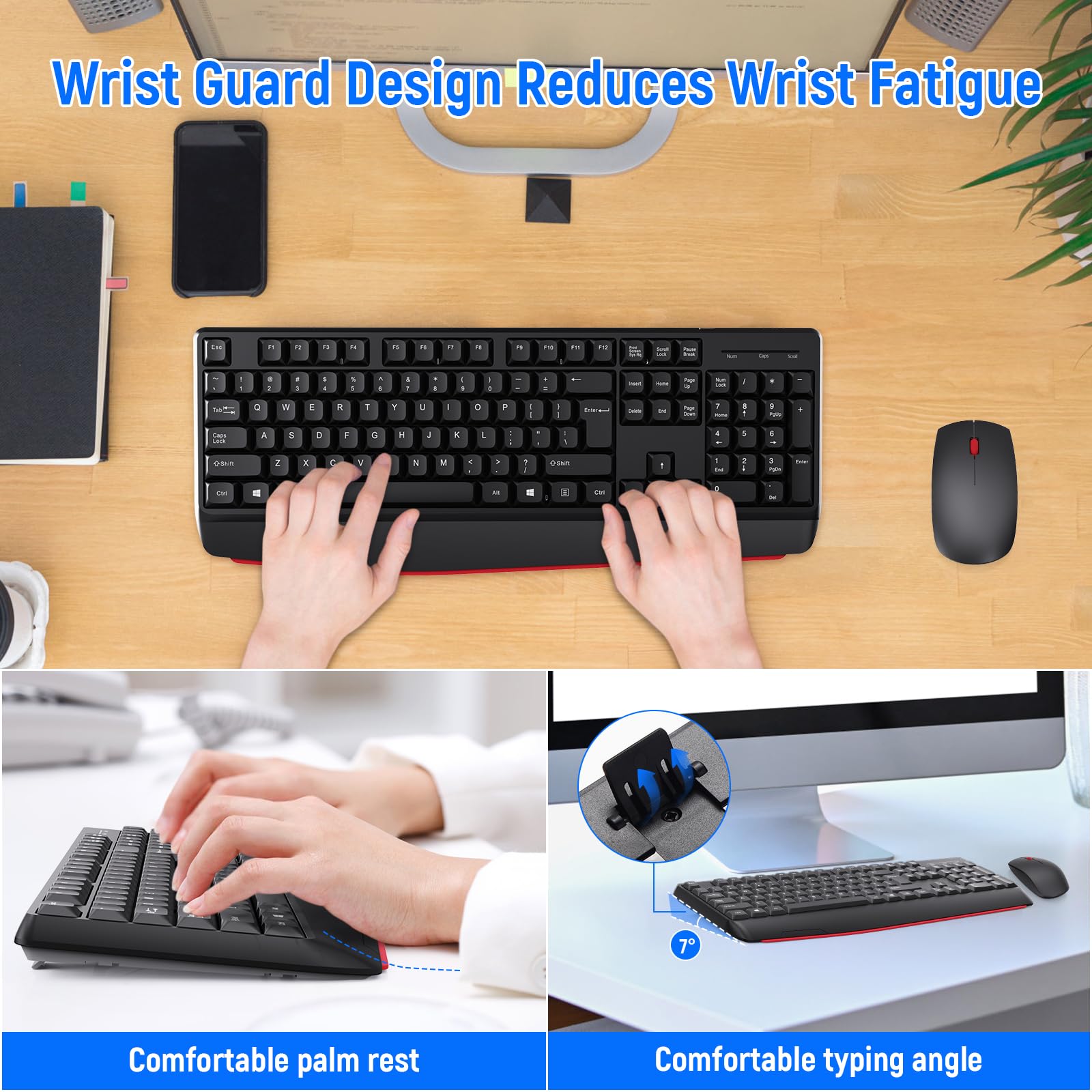 Tastiera wireless e mouse combinata, layout QWERTY 2.4G, tastiera meccanica dal design ergonomico, set per Windows, PC, laptop, notebook, computer con ricevitore USB-A e USB-C 2 in 1