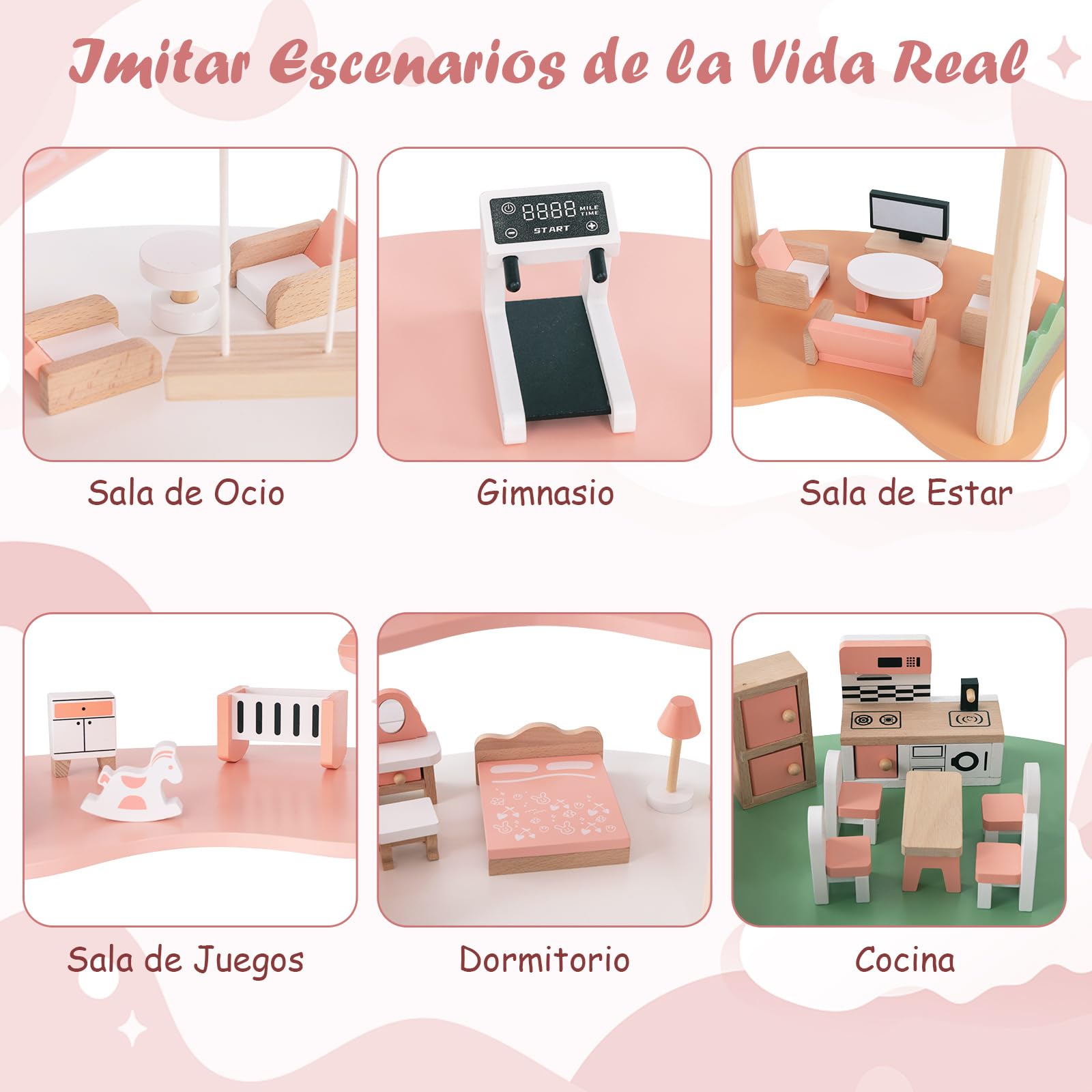 COSTWAY Casa de Muñecas de Madera, Casita Infantil de 7 Habitaciones y 3 Niveles con 32 Piezas de Accesorios de Muebles Realistas, Techos, para Muñecas de 8-15 cm