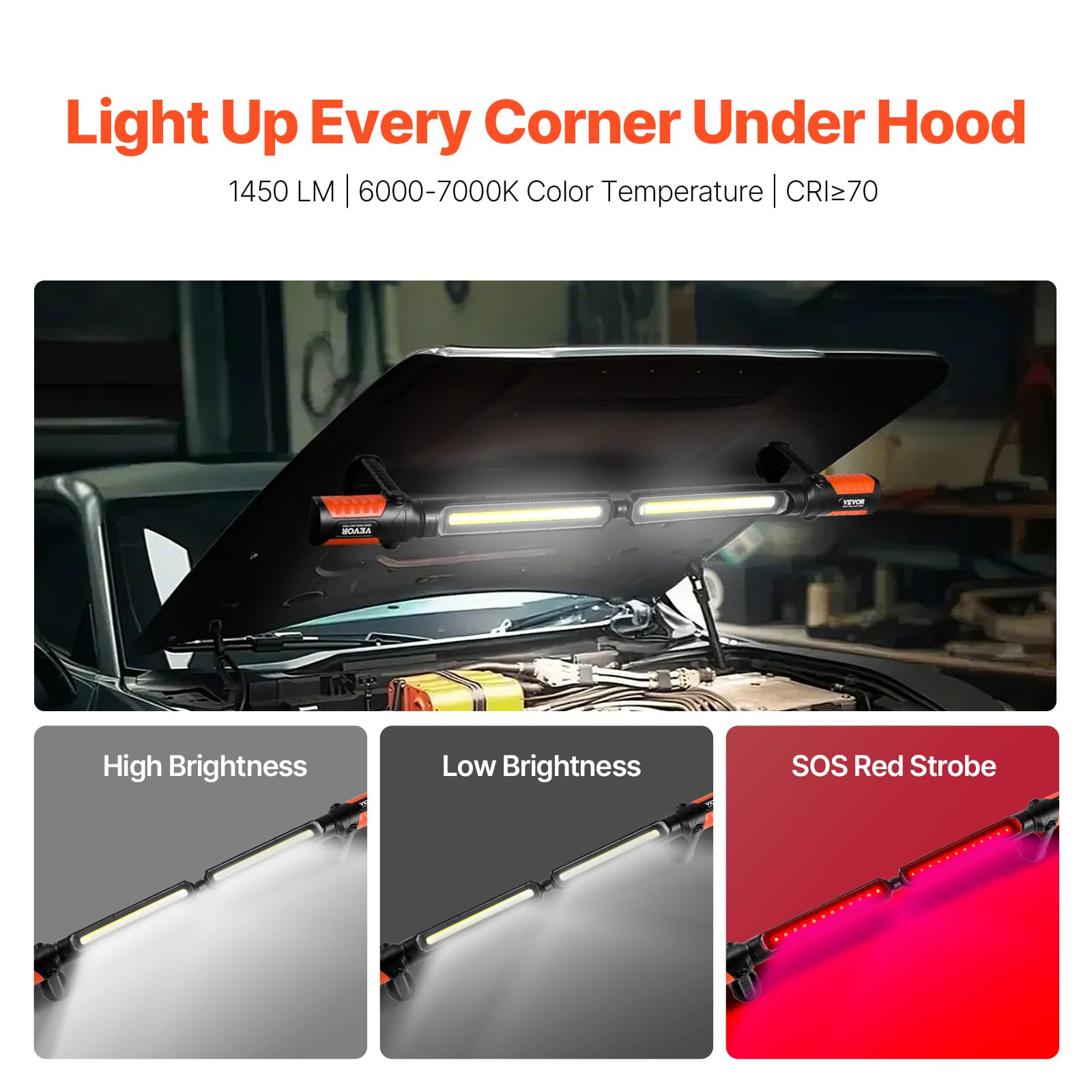 VEVOR JM-YP20 Underhood 1450LM, 4400mAh Rechargeable Magnetic Bright LED, Portable Cordless Mechanic Work Bar, for Car Repairing Inspection Garage Workshop Emergency Home Lighting, Silver+White