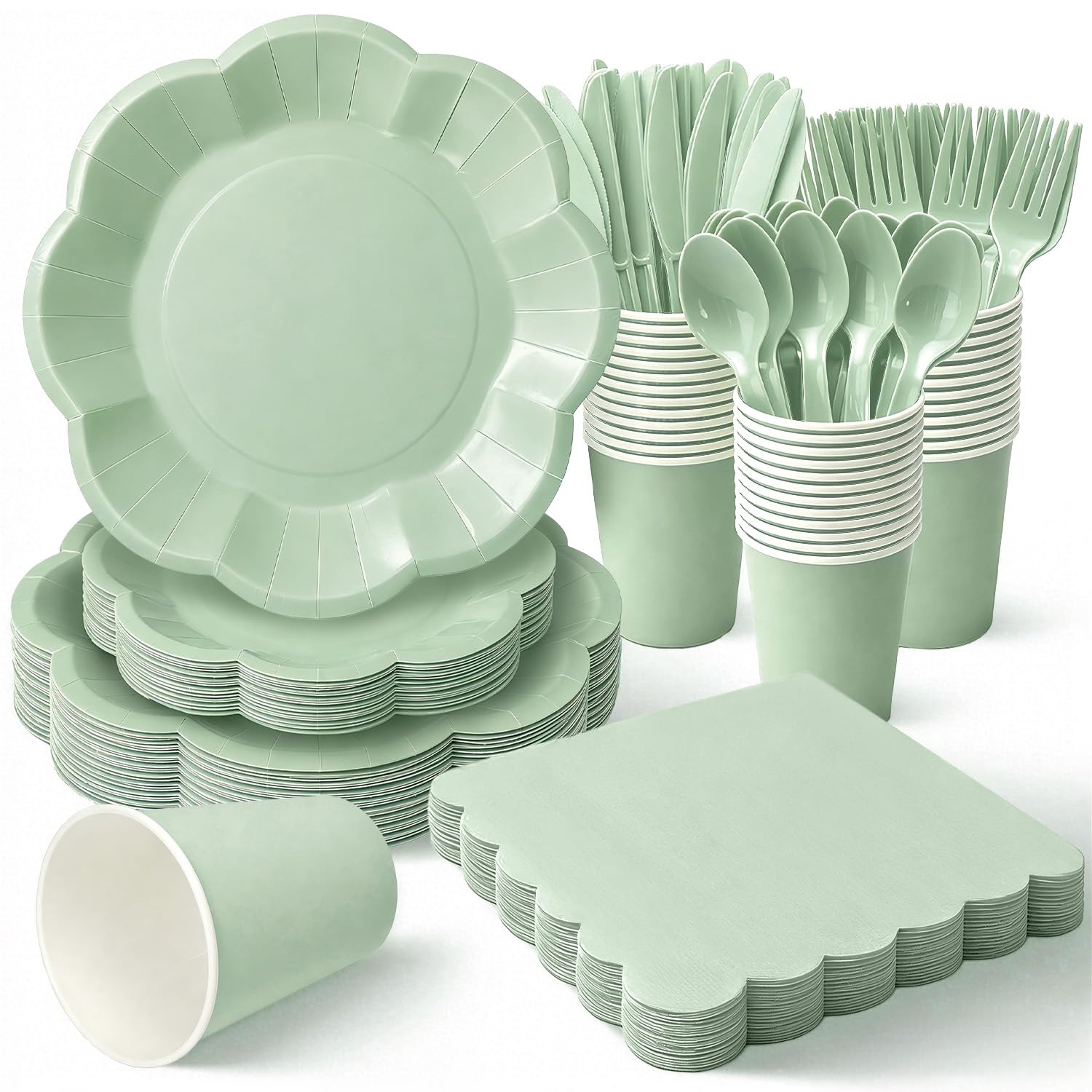 Vyntra Sage Green Scalloped Paper Plates Set, 350 Pcs Disposable Party Plates, Elegant Fancy Paper Dinnerware for Weddings, Baby Showers & Garden Parties