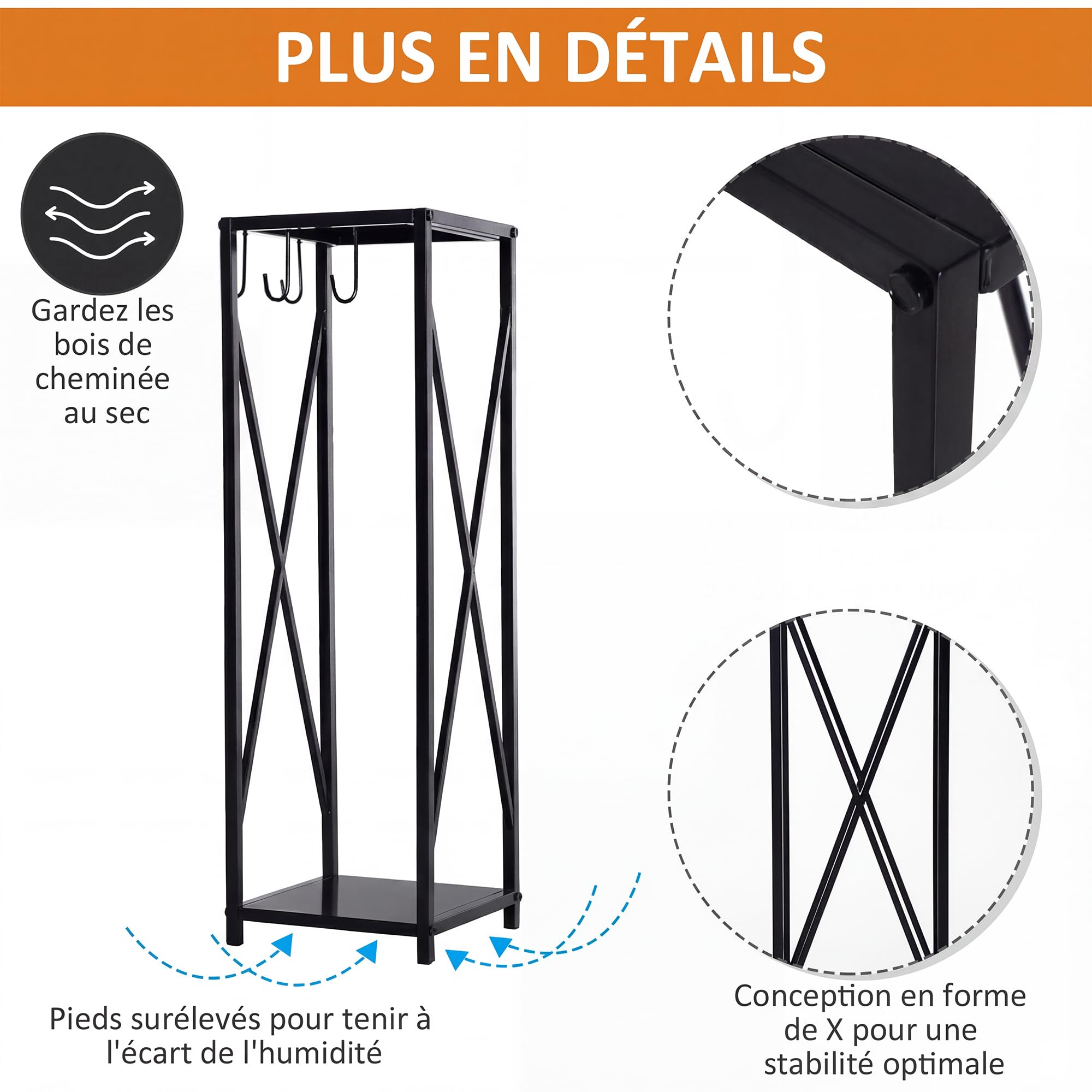 Outsunny Stojak na drewno kolumnowe, stojak na drewno kominkowe, z wieloma akcesoriami metalowymi, 34 l x 34 l x 111H cm, czarny