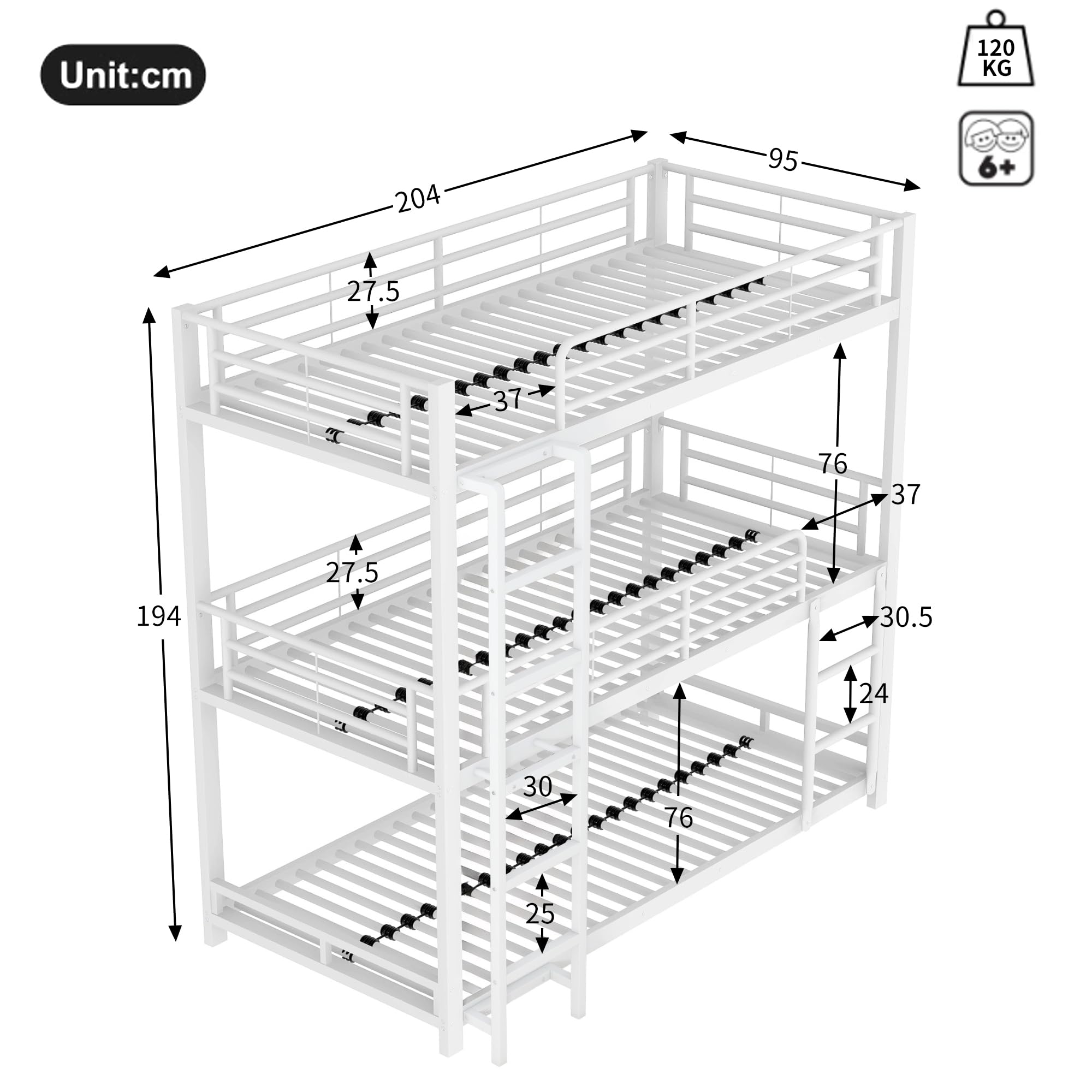 90 x 200 cm, struttura letto in metallo, letto a castello, letto a castello, letto a tre piani per bambini, ragazzi e adulti, nero (bianco)