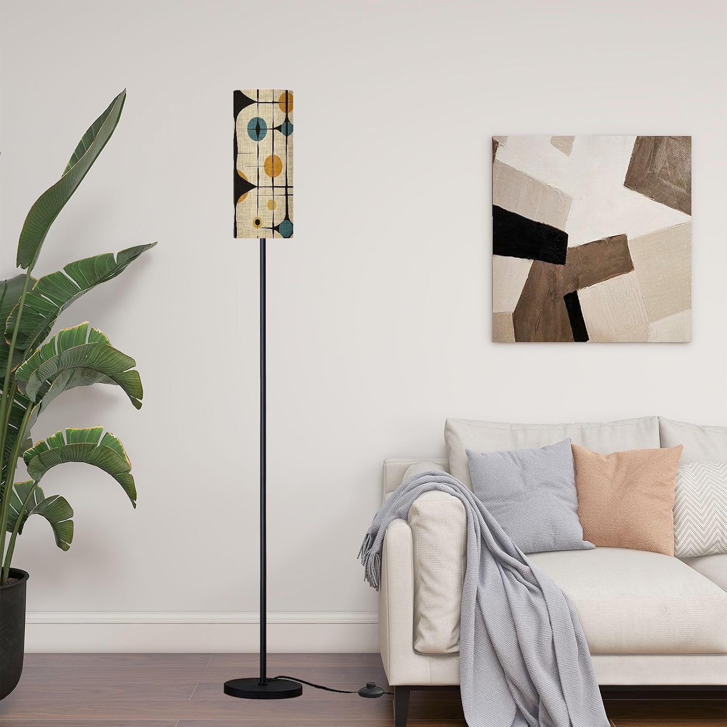 Modern Standing Lamps Mid Century Vintage 1950s Modern Retro Atomic Pattern Circular Motifs Floor Lamp Metal Pole Lamp with Linen Lampshade for Bedroom Living Room Office Nursery Reading Foot Switch