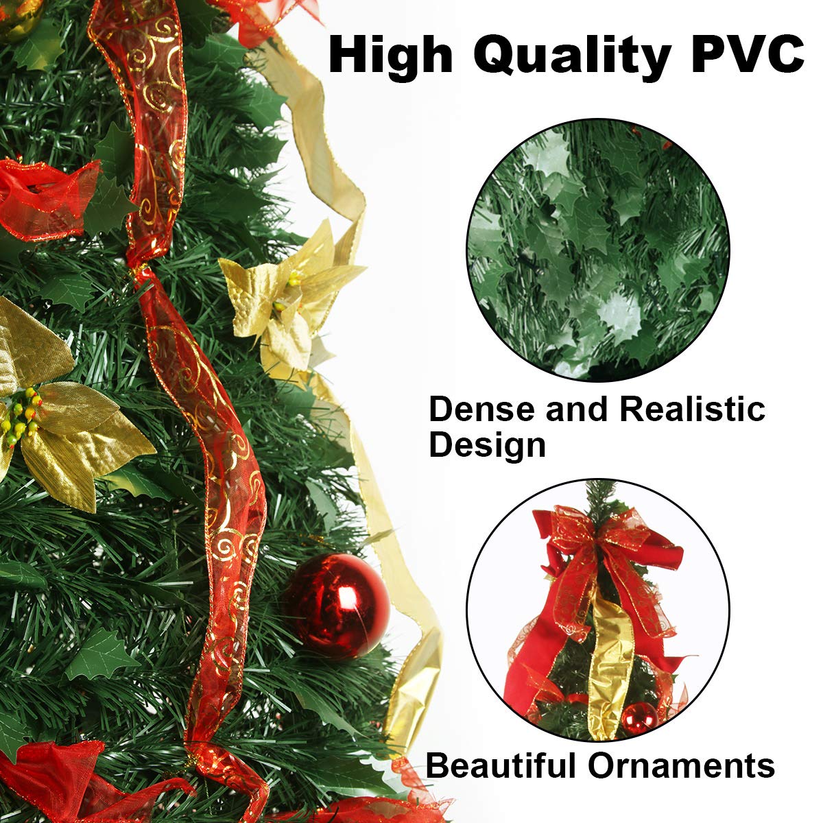 Sapin De Noël Artificiel Rétractable Avec Télécommande - 1.8m (6ft) Pré-éclairé, Rubans Rouges/dorés