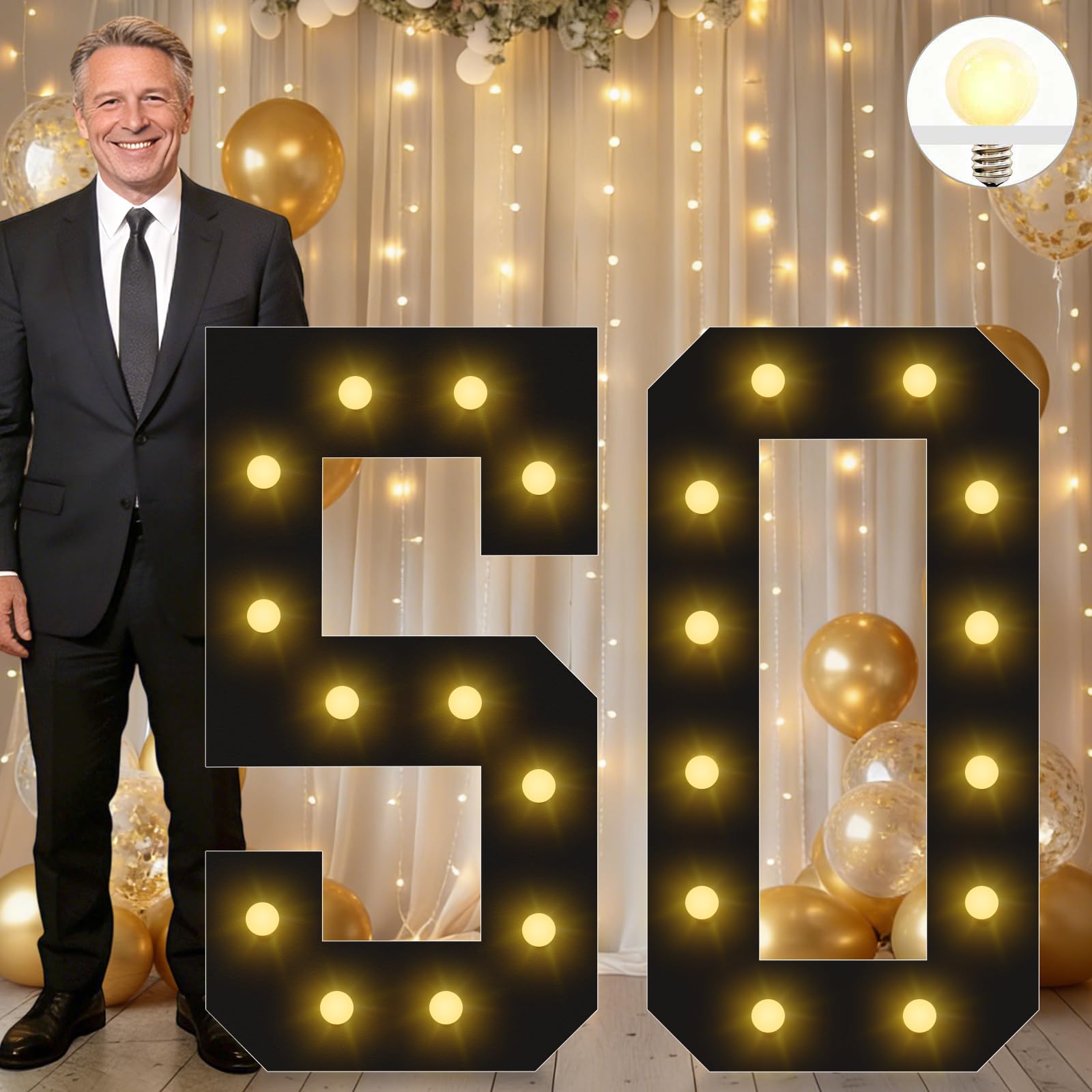 Vimlits Large 4FT Light Up Numbers Birthday Decoration, Black Marquee Number Sign for 50th Party Anniversary Backdrop Wedding Big Mosaic Number Frame Foam Cardboard Pre-cut Number 50 — image 1