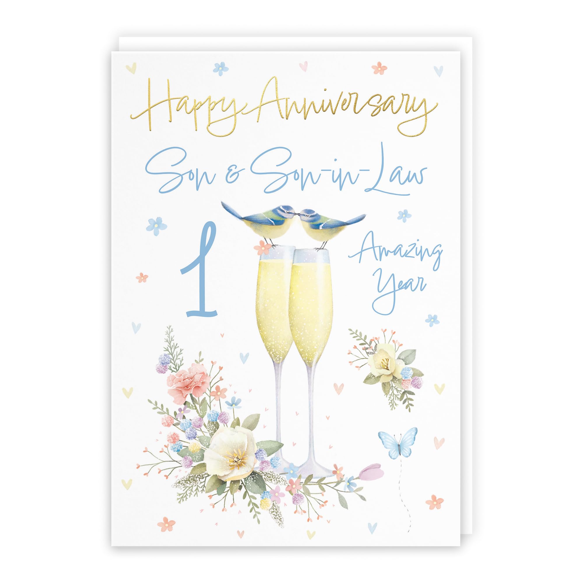 Hunts England, 1st Anniversary Card for Son & Son-in-Law, A5 Size, Champagne Flutes, Gold Foil, Luxury 1st Anniversary Card