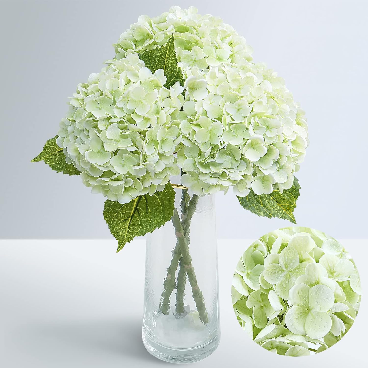 OFRANK Real Touch Green Hydrangea Artificial Flowers with 50cm Stem & Leaves, Full Latex Faux Hydrangea Flowers for Home Decor Party Floral Arrangements Wedding Bouquets Centerpieces, 3Pcs