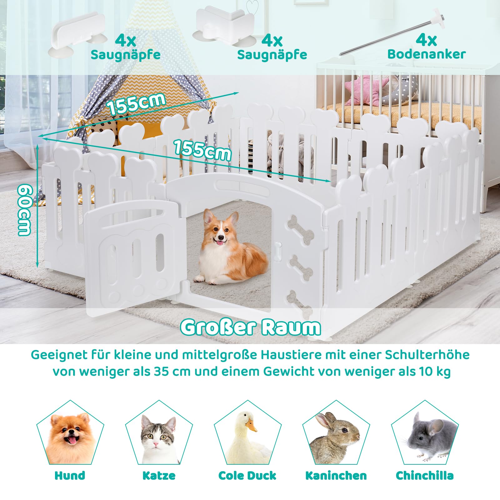 Recinto per Cani da Interno Esterno alto 60cm, Box per Cani 7+1 Pannelli, Recinzione per Cani Pieghevole, Recinto per Gatti in Plastica con Cancello, Incluse Ventose e Ancoraggi a Terra, Bianco