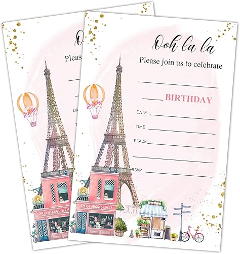 LWBEO Tarjetas de invitación de cumpleaños, invitaciones de fiesta de acuarela de París, suministros de decoración de fiesta de feliz cumpleaños disponible en Yaxa Colombia