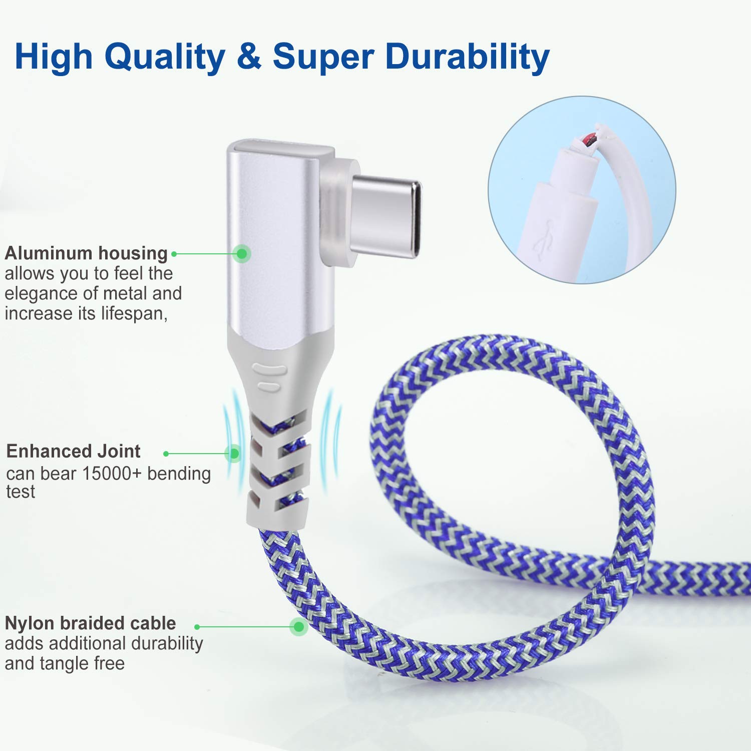 Cavo USB C a USB C da 3 m, tipo C a tipo C, Pofesun 3 Pack USB C Cavo di Ricarica Rapida ad Angolo Retto Compatibile per Samsung Galaxy S20 S10 S9 S8 Plus Note 9 8, LG G8 G7 V40 V20, Verde, Viola