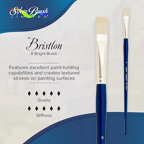 Miniatura 2 de Silver Brush Limited 1902-8 Bristlon Brocha brillante para pinturas al óleo, acrílicas y cuerpo pesado, tamaño 8, mango largo