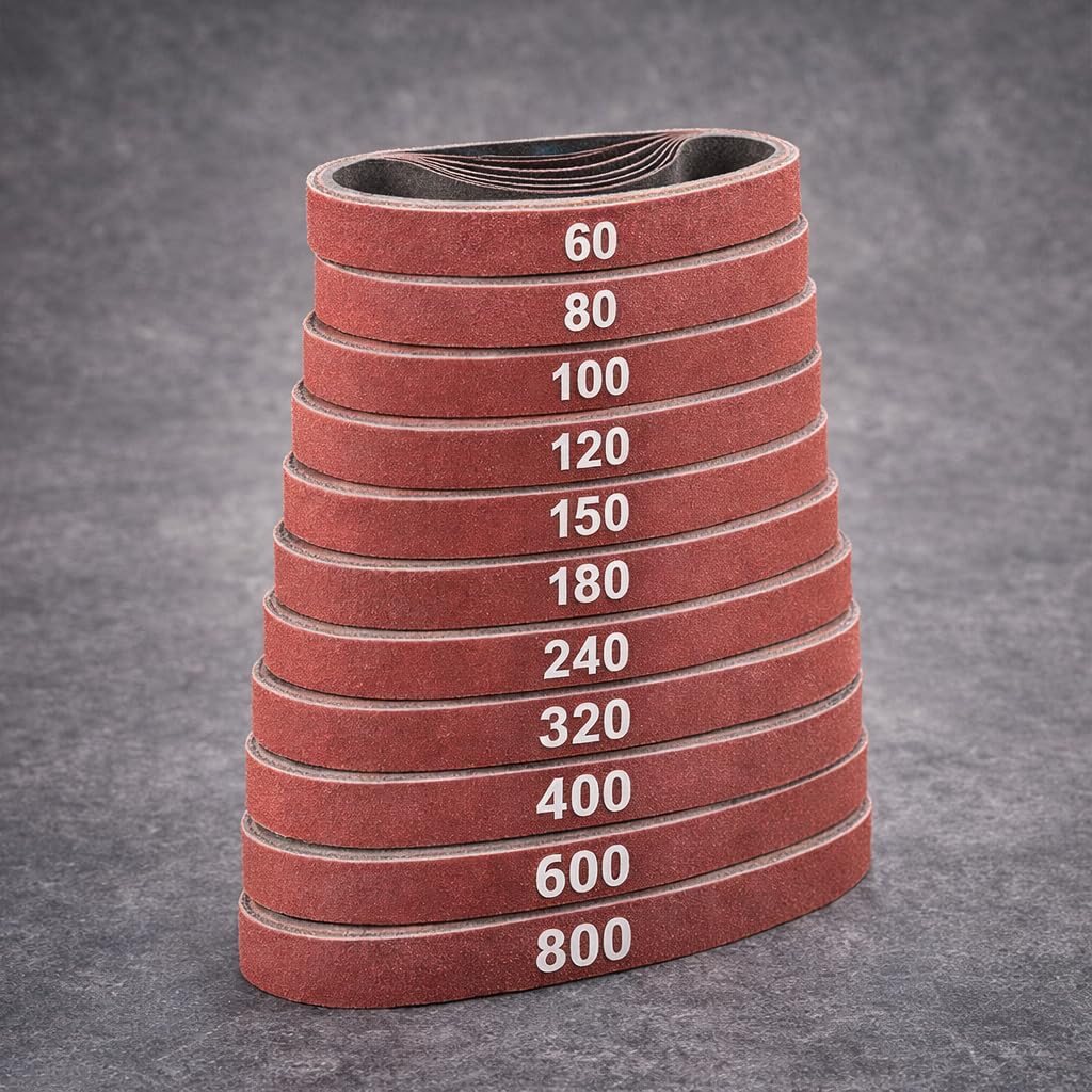 10 bandas de lija de óxido de aluminio de 3/8 x 14 pulgadas, 55 unidades de grano mixto 60 80 100 120 150 180 240 320 400 600 800 – Juego de bandas de lijado para madera, metal y plástico