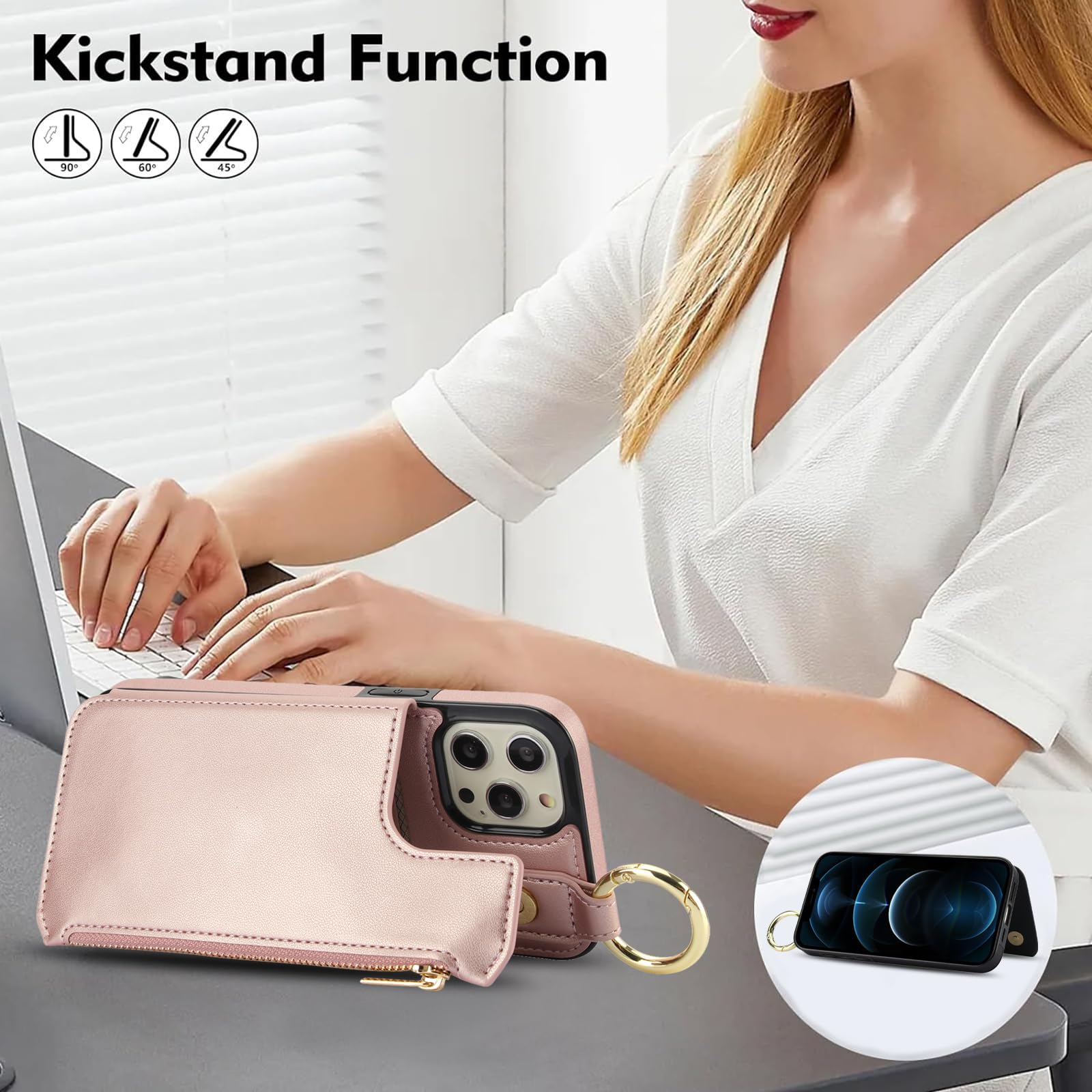 MarpheFlip Wallet Case Für IPhone 16 – Lederhülle Mit Kartenfach (4 Karten), RFID-Schutz, Fingerring-Ständer (Roségold)