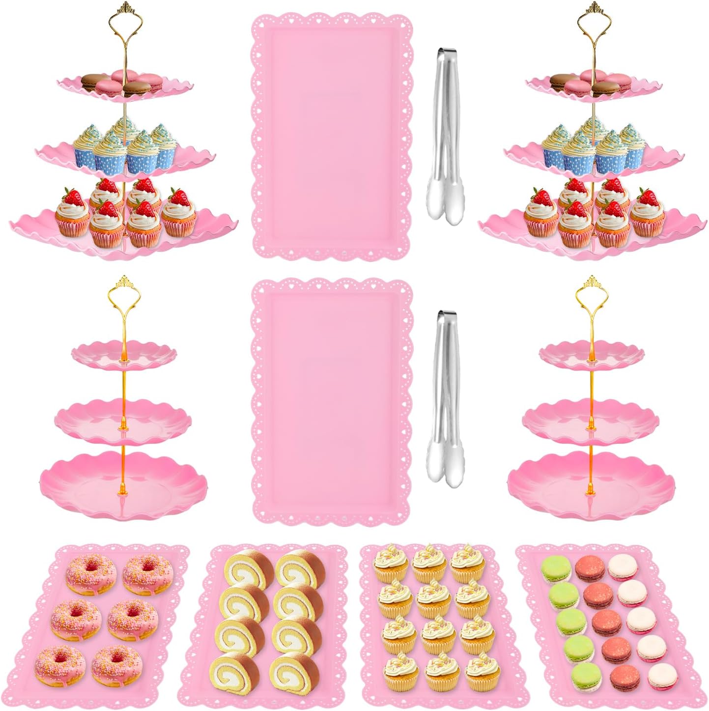 12 Pcs Cake Stand, Dessert Table Display Set, 4 Pcs 3 Tier Cupcake Stand Tower Holder and 6 Pcs Serving Tray and 2 Tongs for Tea Party Baby Shower Birthday, Pink