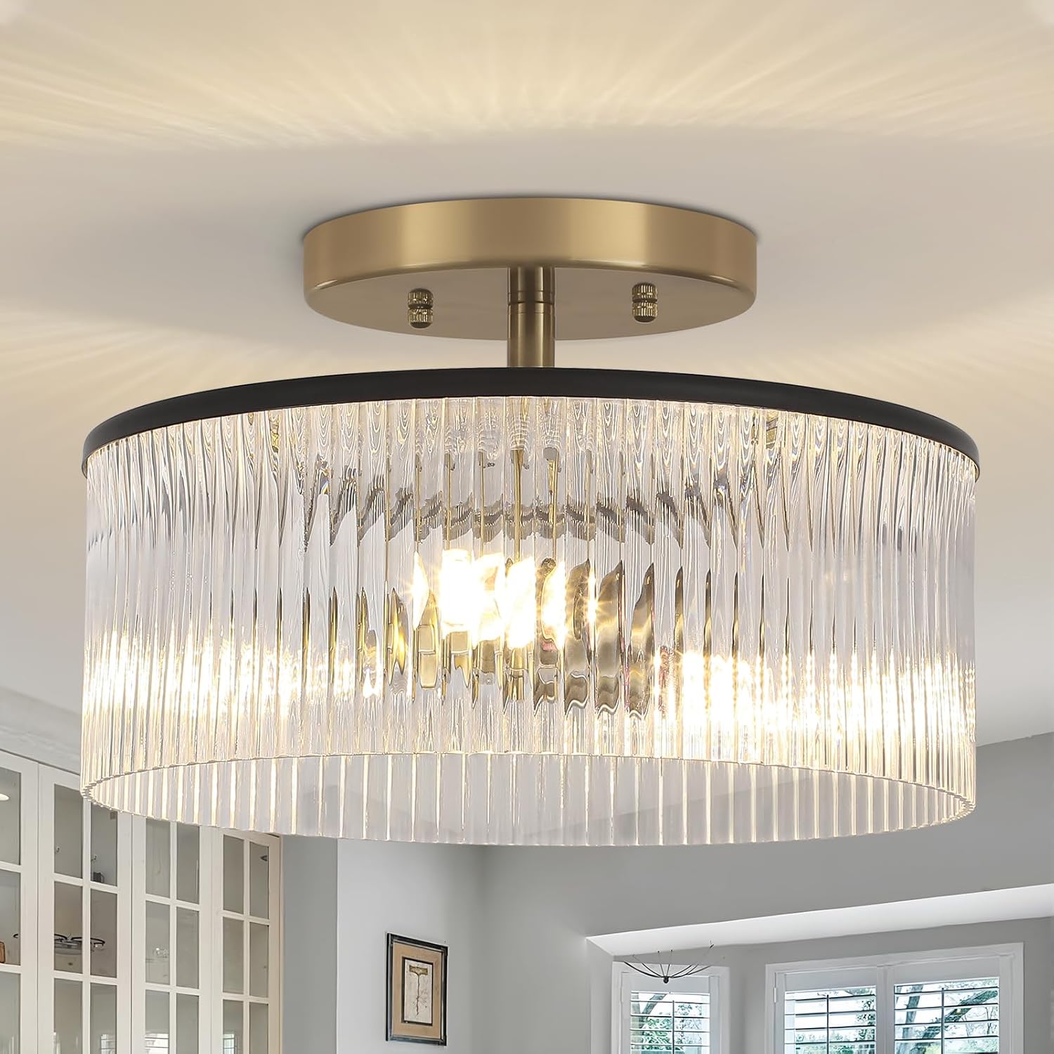 3-Light Glass Semi-Flush Mount Ceiling Light, 14'' Matte Black and Gold Finish Drum Light with Ribbed Glass, Modern Ceiling Light Fixture for Hallway, Kitchen Island, Living Room, Bedroom, Foyer