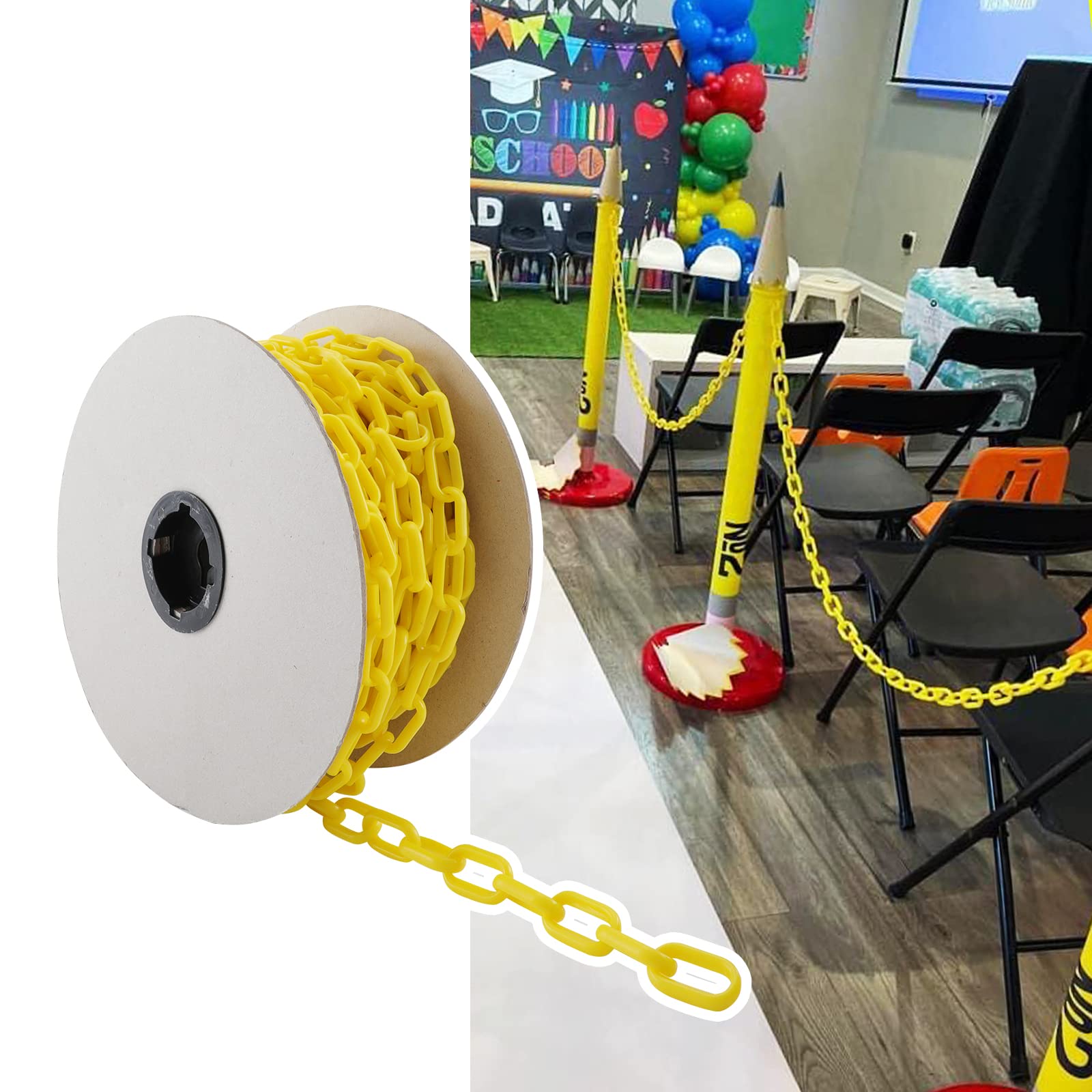 Home Master Hardware Chaîne de sécurité en plastique de 3,7 m pour chantier, garage, ligne de file d'attente, chaîne de clôture jaune (2 rouleaux)