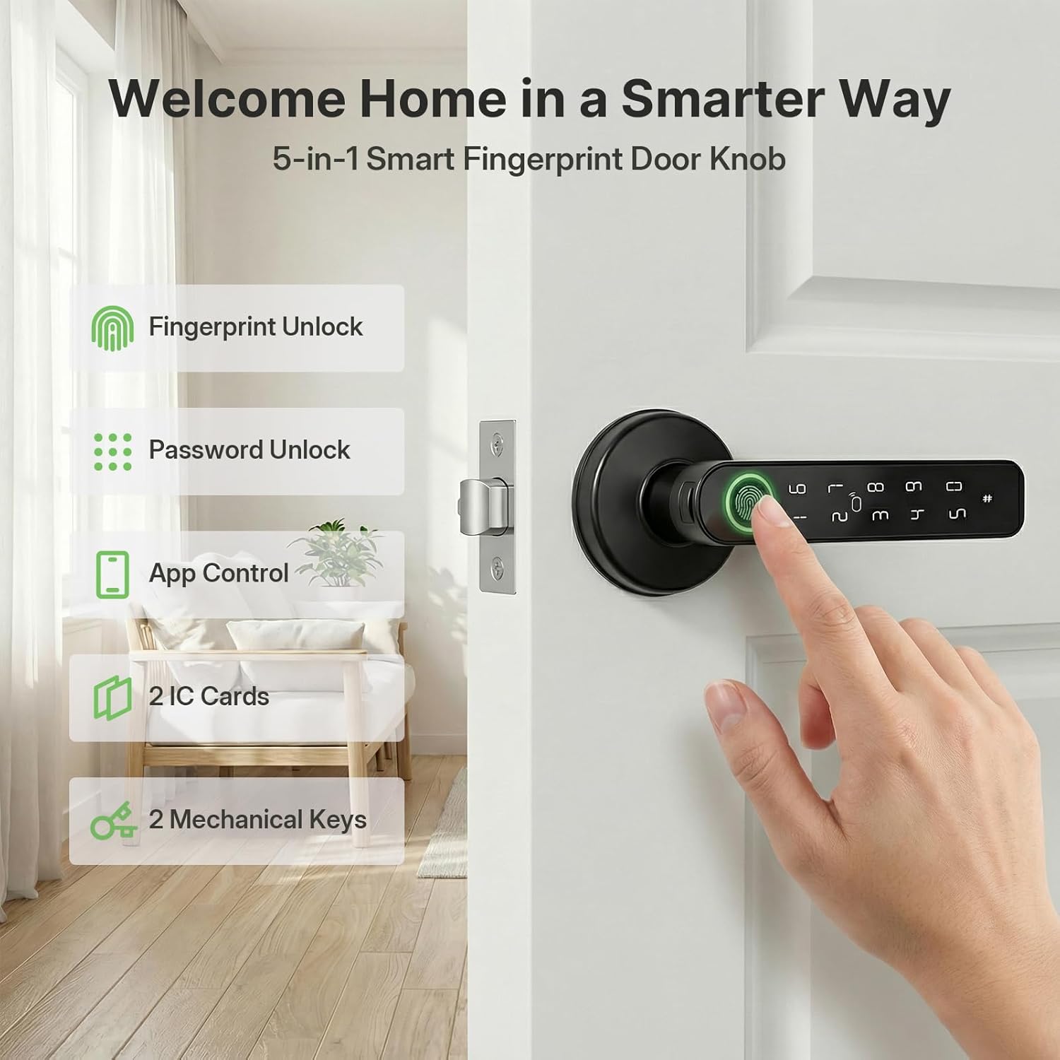 Smart Door Lock with Handle, 5-in-1 Keyless Entry Fingerprint Door Knob, Tuya App Control, Auto-Lock, Low Battery Alert, Easy Installation, for Bedroom/Front Door/Apartment