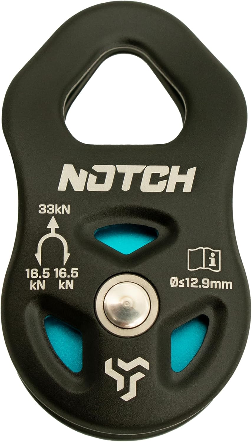 Notch Thirty-Three Micro Pulley with Massive Strength, MBS: 7,418 lbs. (33kN), Purpose-Built for Canopy Use, Mid-line Attachable with Swinging Side Plates, Use with Lines up to 1/2” (12.9mm) (100053)