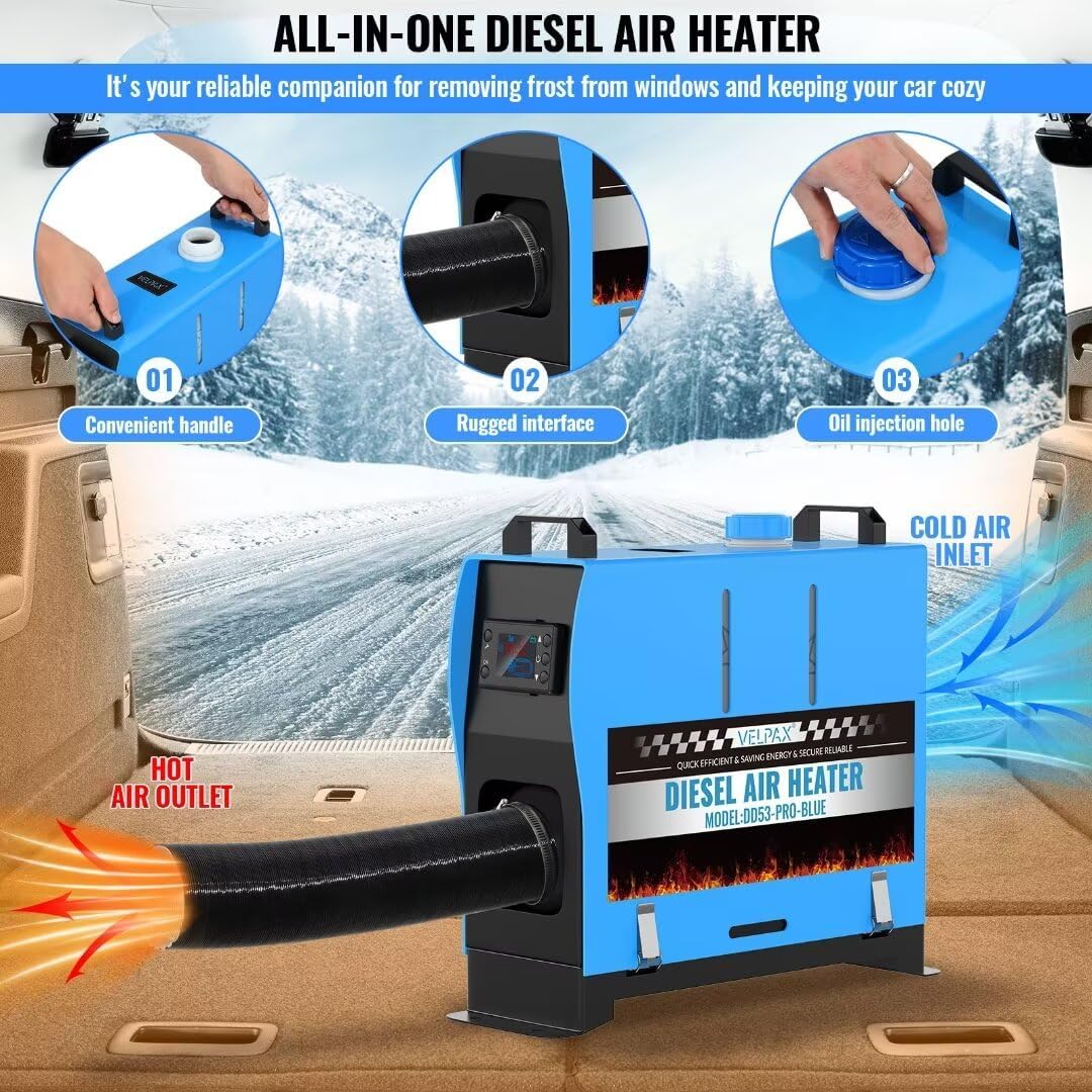 Diagram showing convenient handle, rugged interface, oil injection hole, cold air inlet, and hot air outlet on the diesel heater