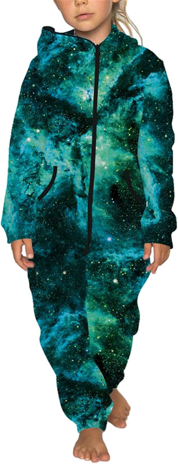 Kids 3D Galaxy Novelty Print Sky Graphic Jumpsuits Zip Up Hoodie One Piece Rompers Boys Girls