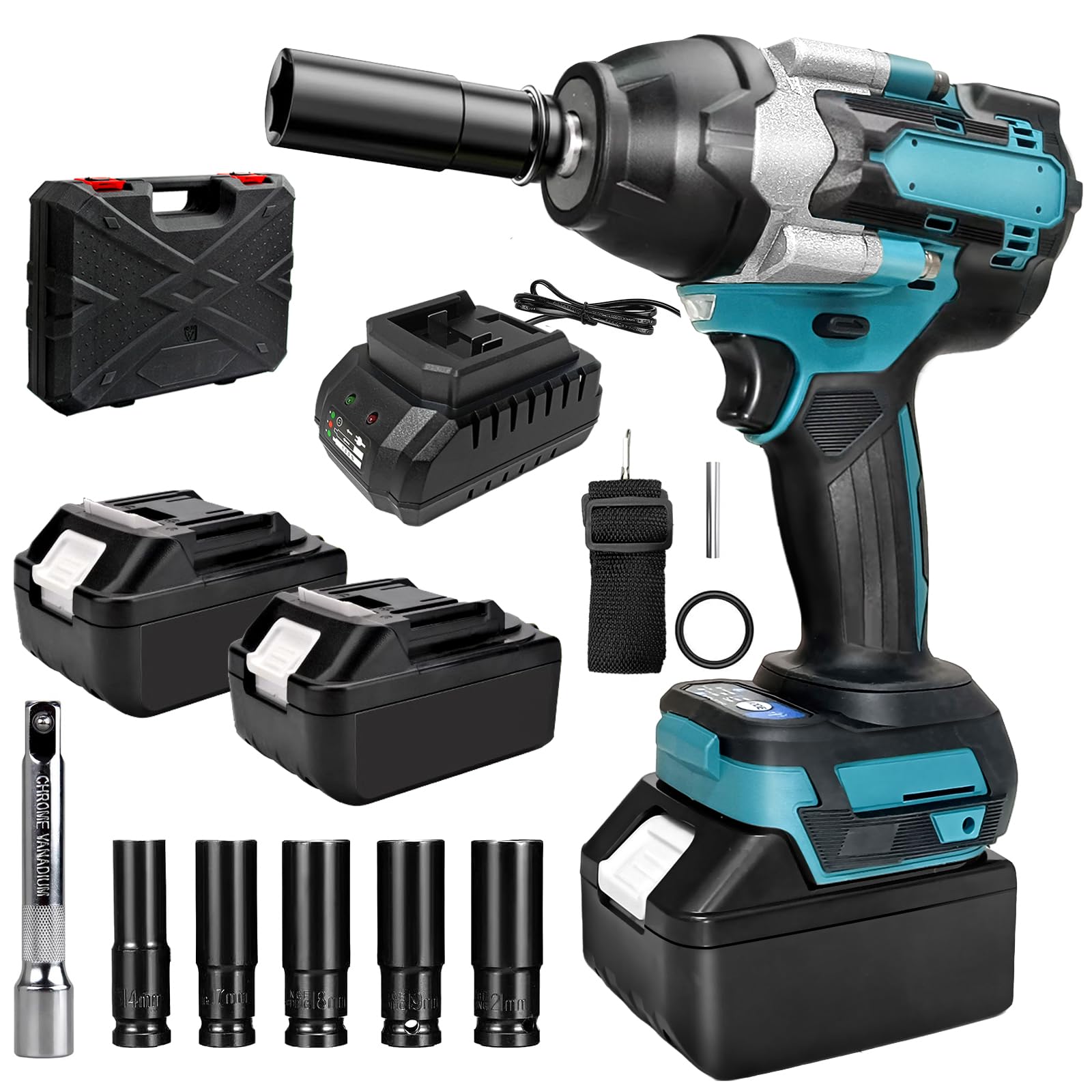 Discoball Cordless Impact Wrench,1/2 Inch Impact Gun, 1000N.m(738 ft-lbs) High Torque Impact Wrench with 2x2.0Ah Battery,Fast Charger, 5 Sockets & Storage Case, Electric Impact Driver for Car Truck