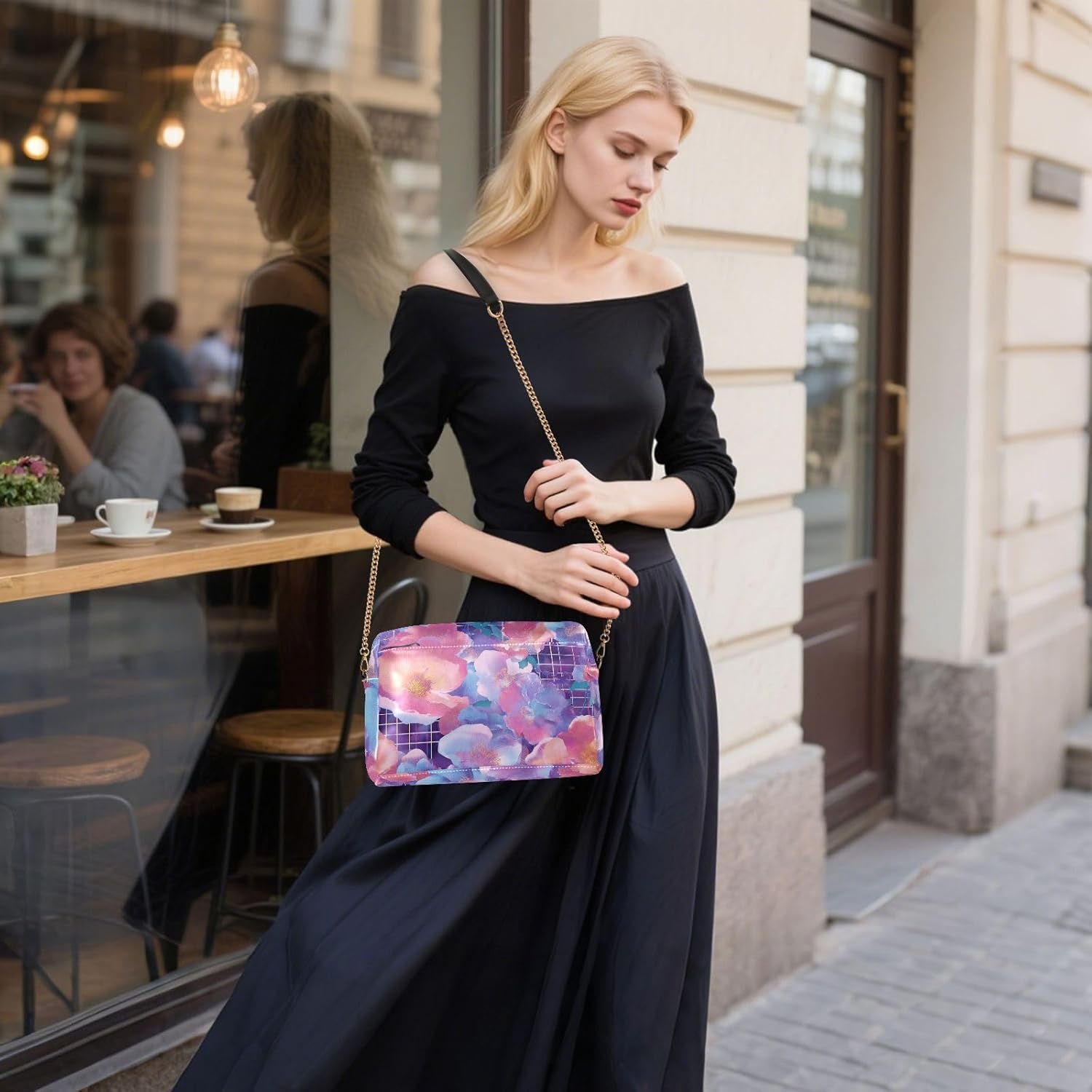 KLL Vapor Wave Style Flowers Purple Dreamy Fashion Small Crossbody Bags Vegan Leather Womens Casual Purses Waterproof Shoulder Hand Bag For Woman