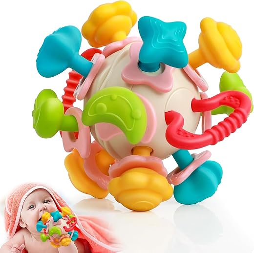 Kidology Silicone Space Ball Baby Teether – Sensory Toy for Boys and Girls, Newborn & Infant Rattle Toys, Montessori Learning Developmental Toddler Toys Suitable for Babies 6+ Months, Multicolor