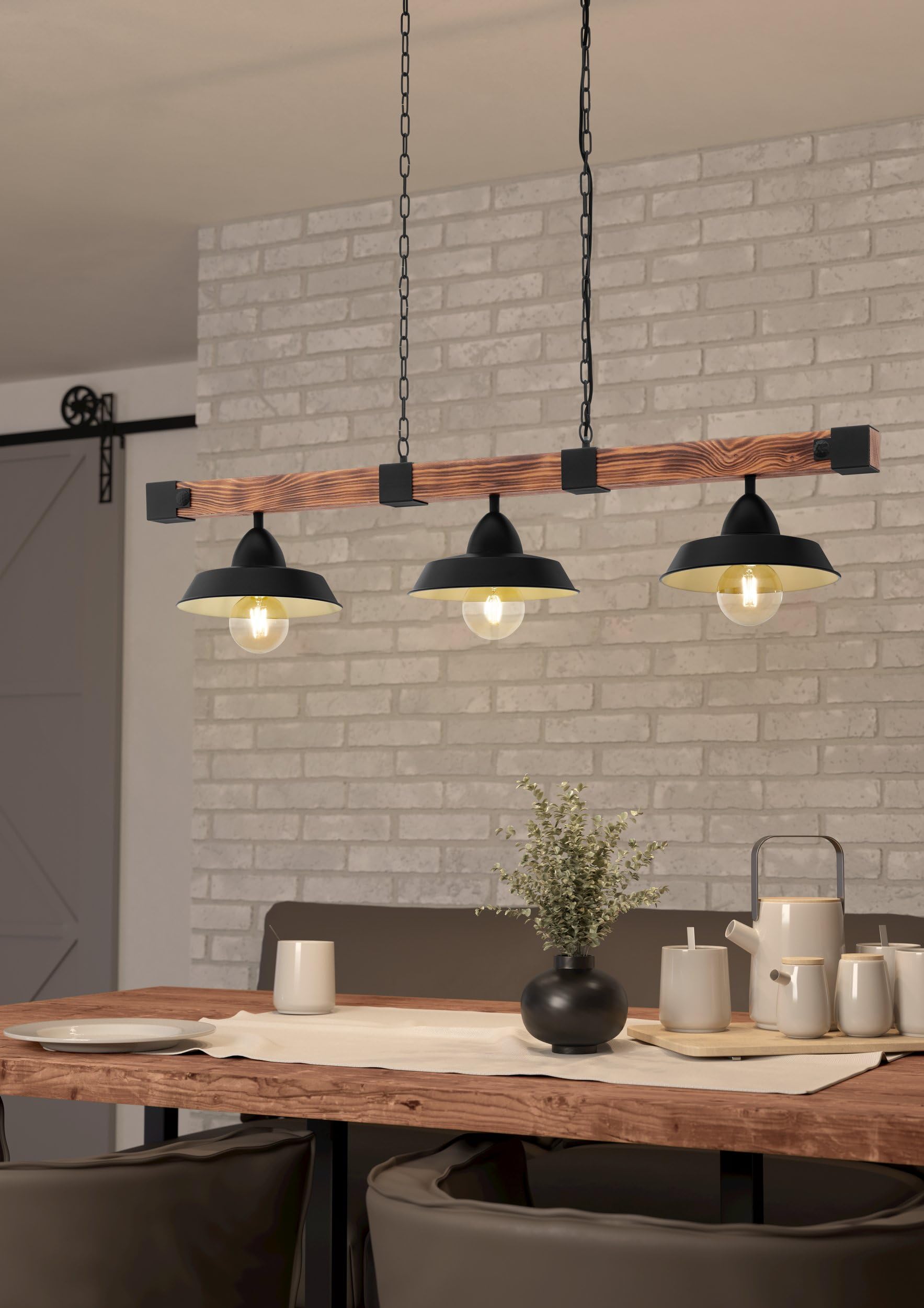 EGLO Hängelampe Oldbury 2 flammige Vintage Pendelleuchte | im Industrial Design, Pendellampe aus Stahl und Holz, Farbe Schwarz, braun rustikal, E27, 118 cm, FSC zertifiziert