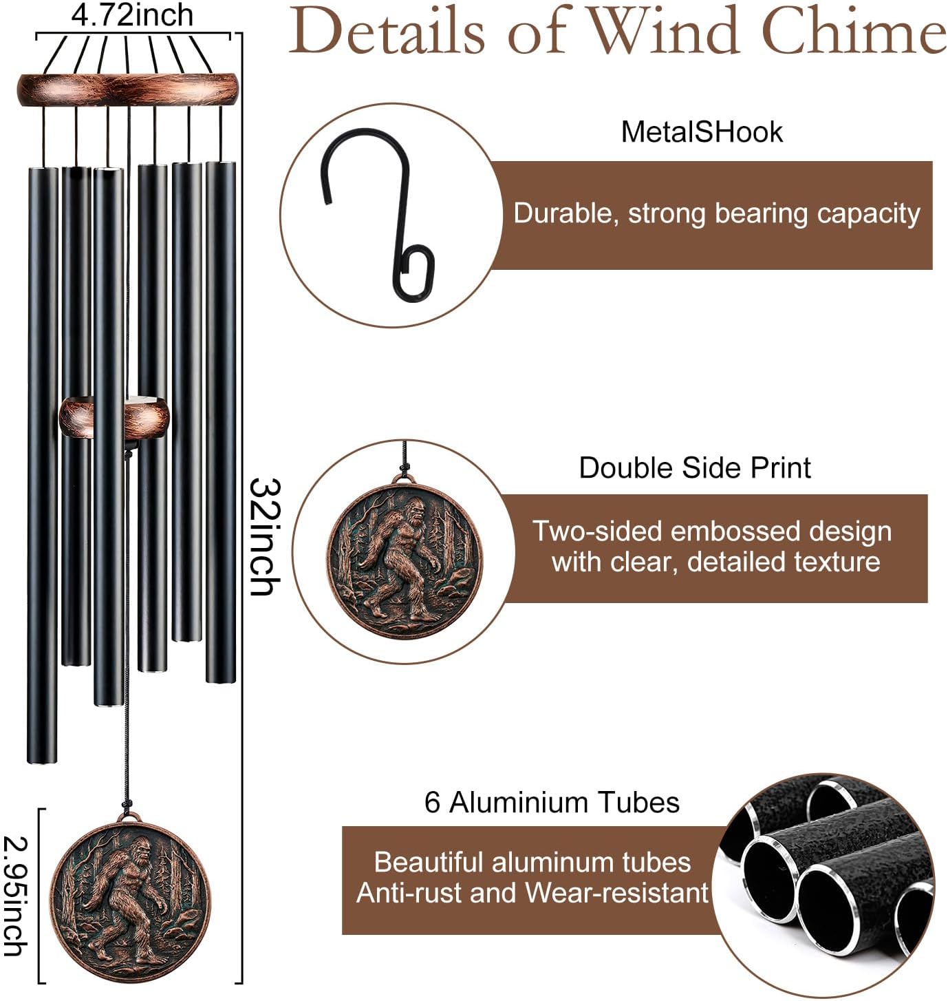 Keluna Bigfoot Wind Chimes for Outside - Big Foot Sasquatch Engraving Gift for Men Women Mom Dad Memorial Festival Birthday Gift for Loved One Memorial Wind Chimes Decor for Outdoor Home Garden Patio