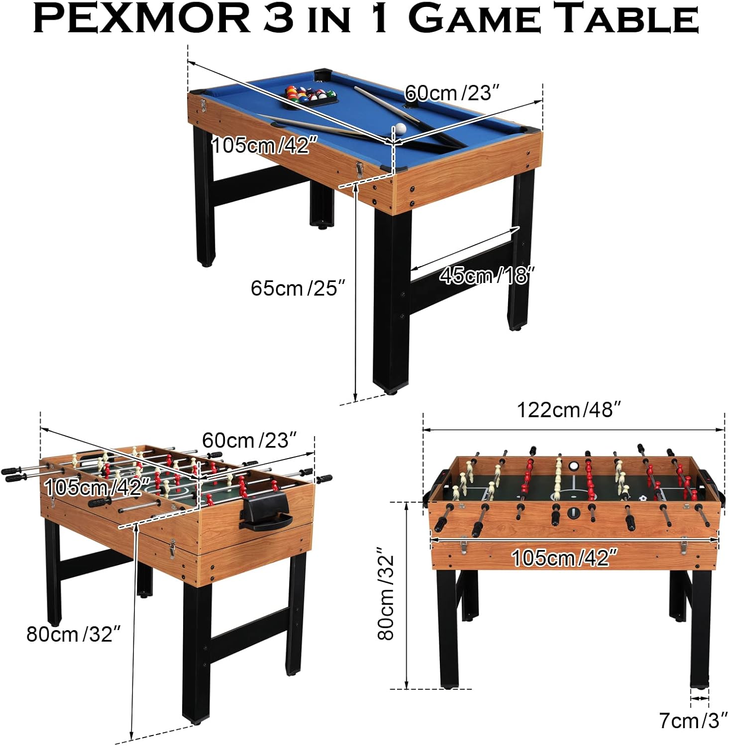 PEXMOR 3 in 1 Multi Game Table for Game Room, 48" Board Game Table for Adults & Kids w/Foosball, Air Hockey, Pool Table Combo, Wooden Combination Game Room Table for Home, Arcades, Bar, Family Party : Sports & Outdoors