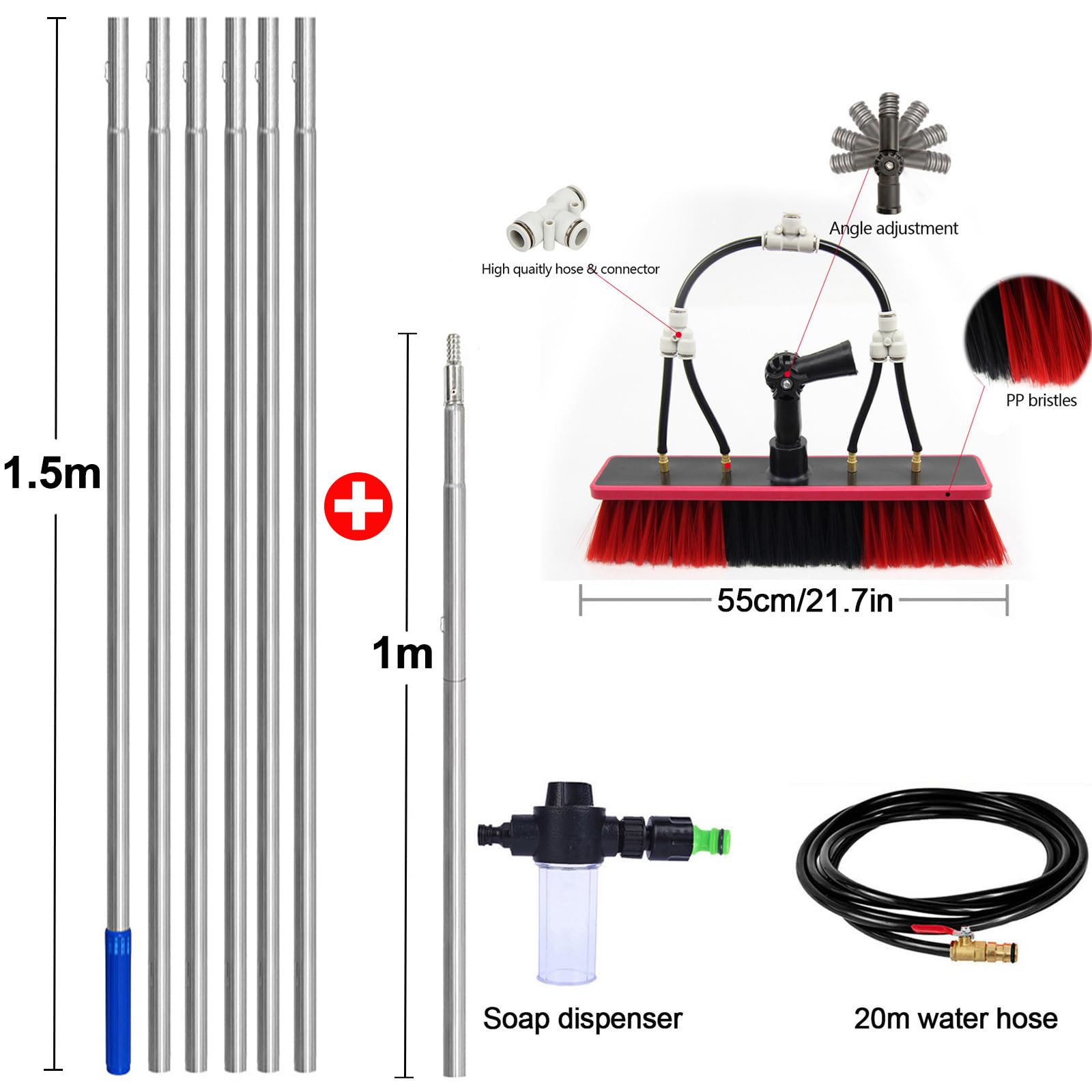 Barra de limpieza de ventanas con cepillo telescópico alimentado por agua, 6,4 m de longitud, dispensador de jabón para limpiar paneles solares, ventanas, techos y coches, cabezal de cepillo de 35 cm