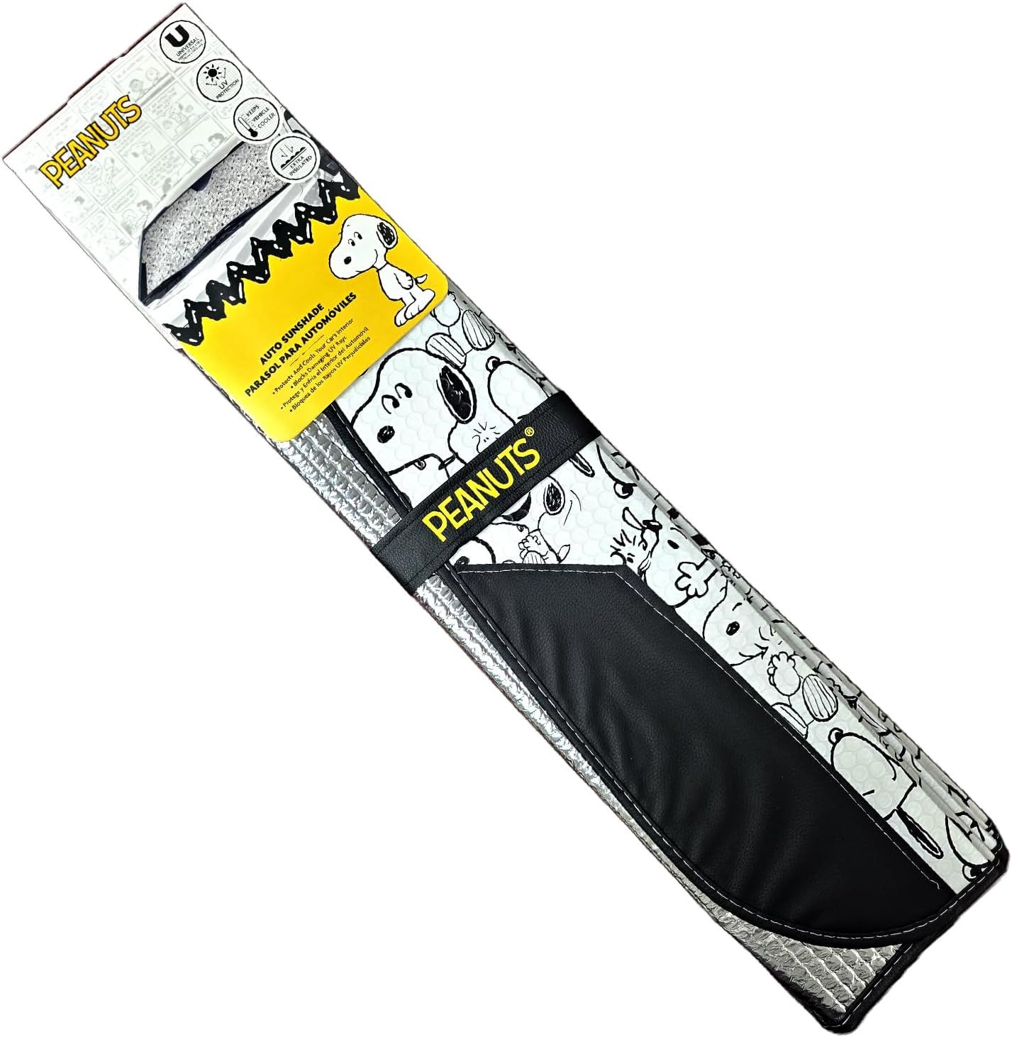 Snoopy Expression Windshield Sunshade + Little Tree Air Freshener Bundle– Universal Fit Windshield Protector for Cars, Trucks & SUVs – Keeps Vehicle Cool & Fresh