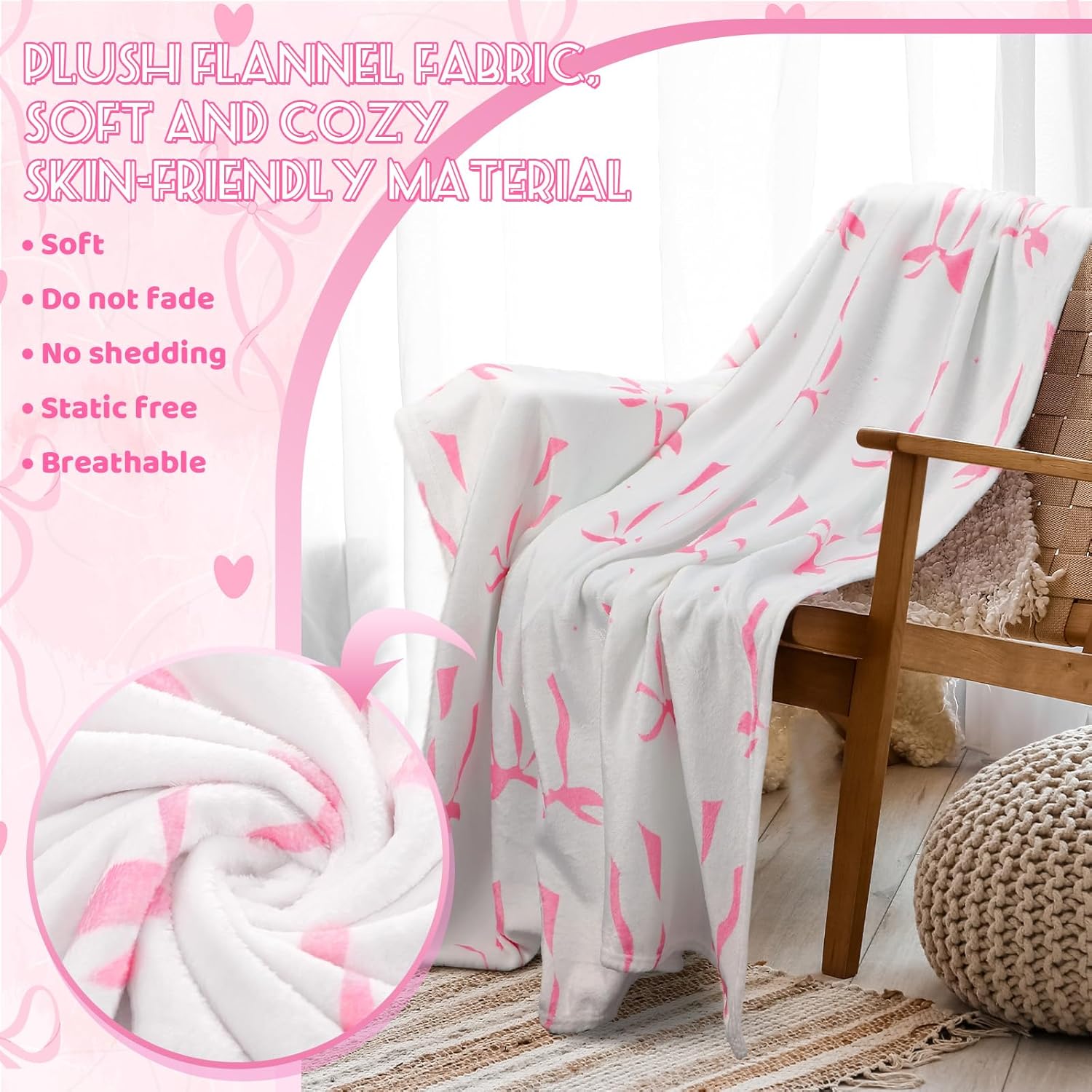 Buryeah 6 Pcs Pink Bow Throw Blanket Coquette Pink and White Preppy Sleepover Blanket 40"x 60" Flannel Soft Decor Lightweight Aesthetic Plush Room Decor for Sofa Couch Travel Bed Christmas Decoration