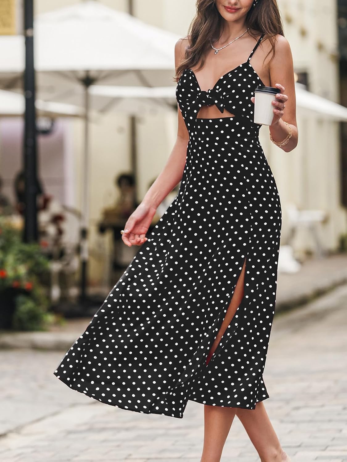 CUPSHE Women's Summer Dresses Polka Dot Bow Tie Cutout A Line Spaghetti Strap Sleeveless Cocktail Maxi Dress - Image 3