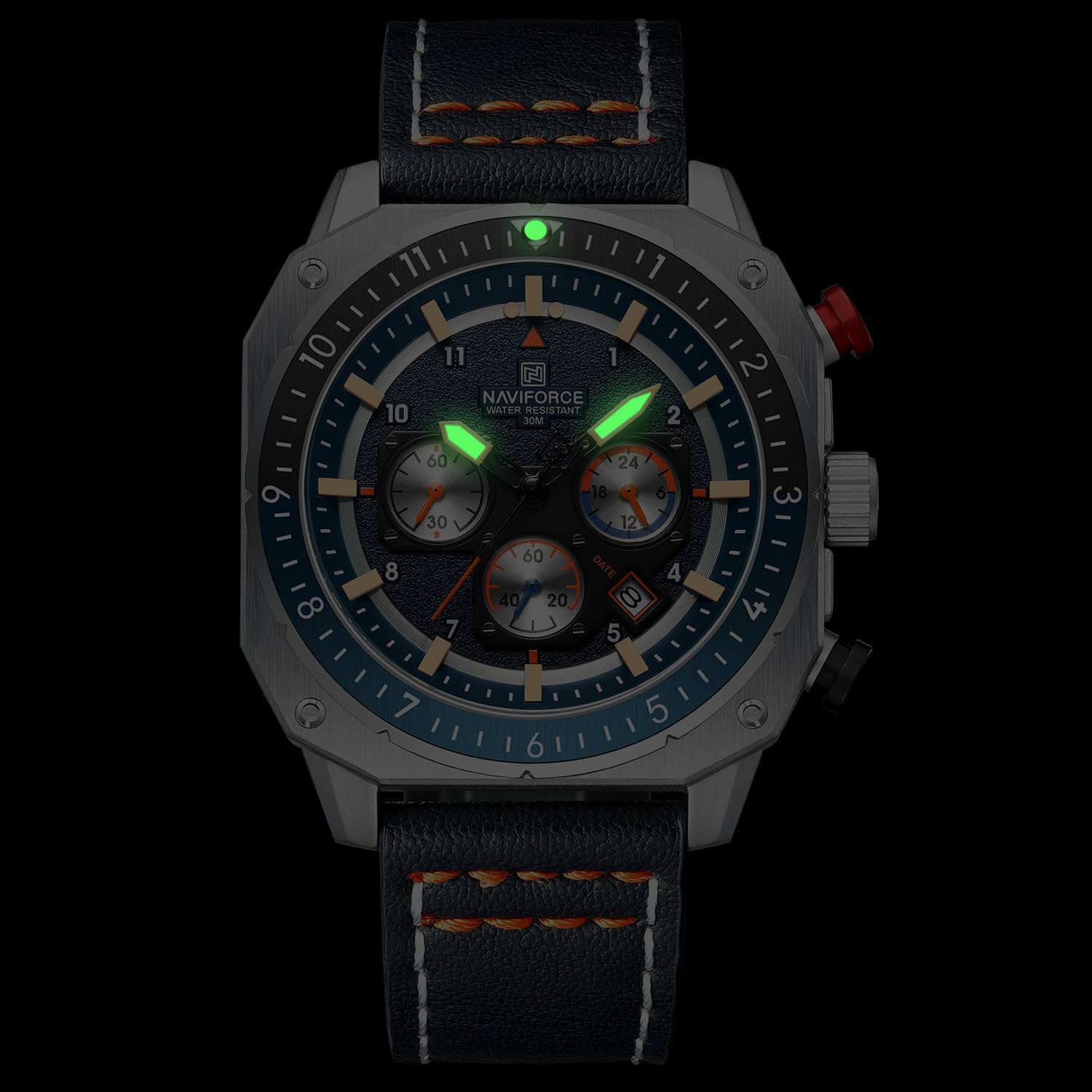 NAVIFORCE Men's Fashion Sport Watches Military Square Big Face Waterproof Chronograph Wristwatch with Luminous Hands,Leather Strap