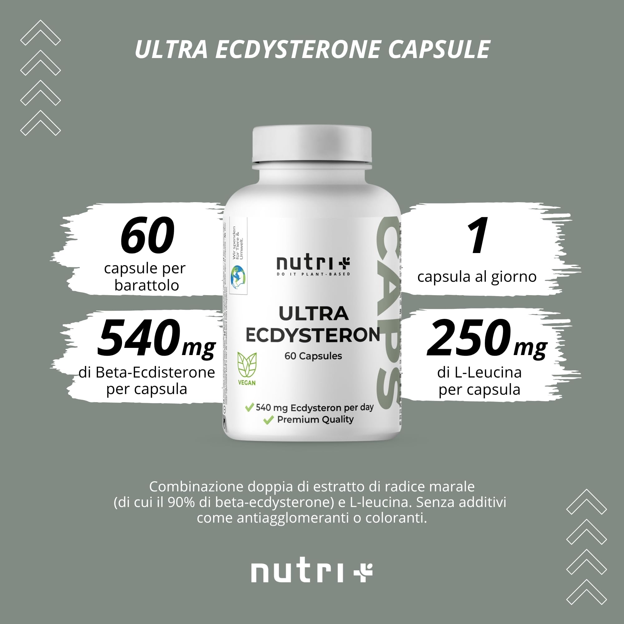 Nutri + Ultra Ecdysterone + Leucina Capsule alto Dosaggio - 790 mg Complesso Principi attivi per Capsula - 540 mg di beta Ecdisterone 90% + 250 mg di L-Leucina in Polvere vegana