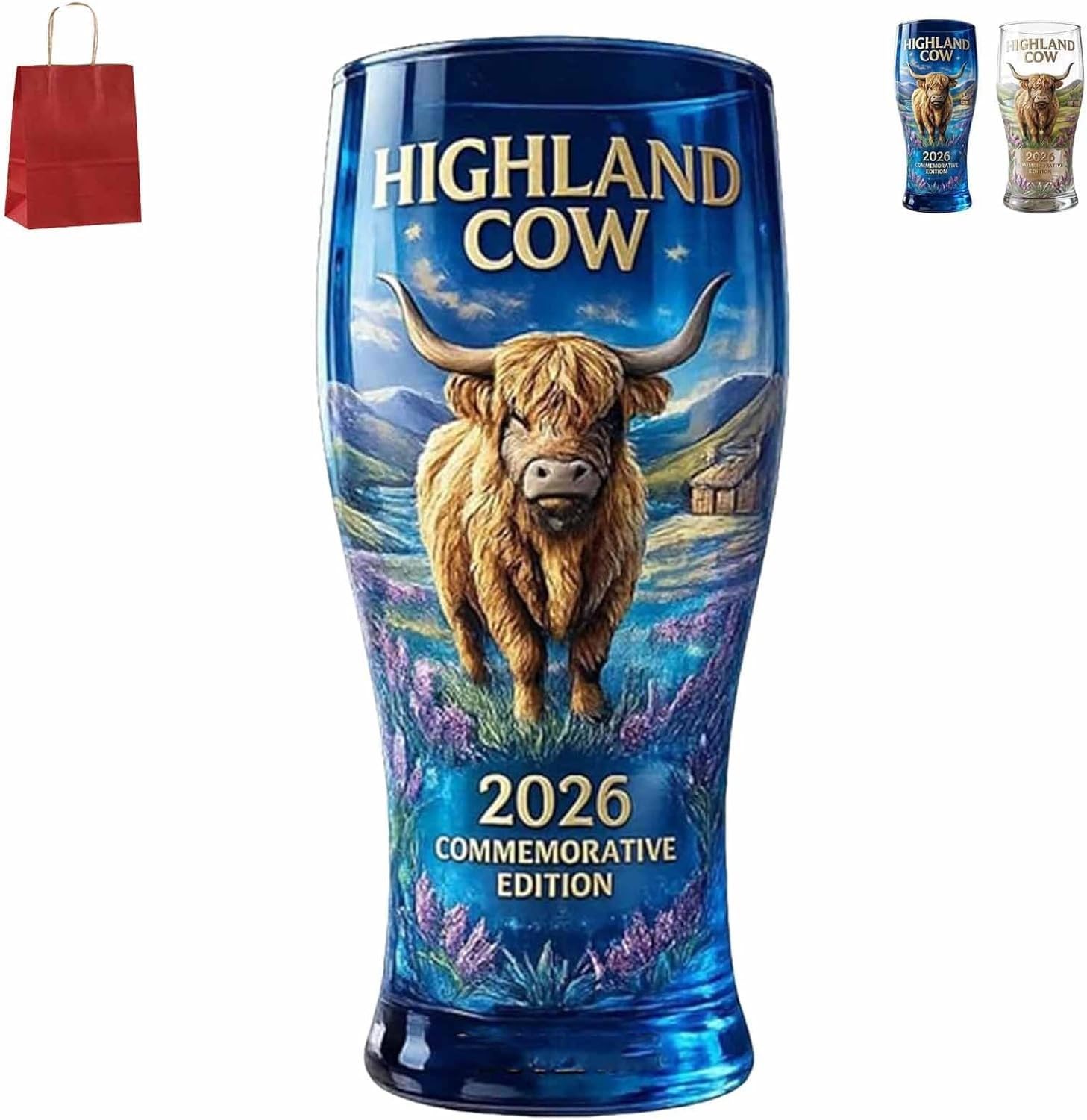 KGAIXN Highland Cow 2026 Commemorative Glass Tumbler, Embossed Highland Landscape Beer Glass, Scottish Longhair Cow Pint Coffee or Cocktail Cup for Home Bar Pub Use 39, 1pcs-colorful