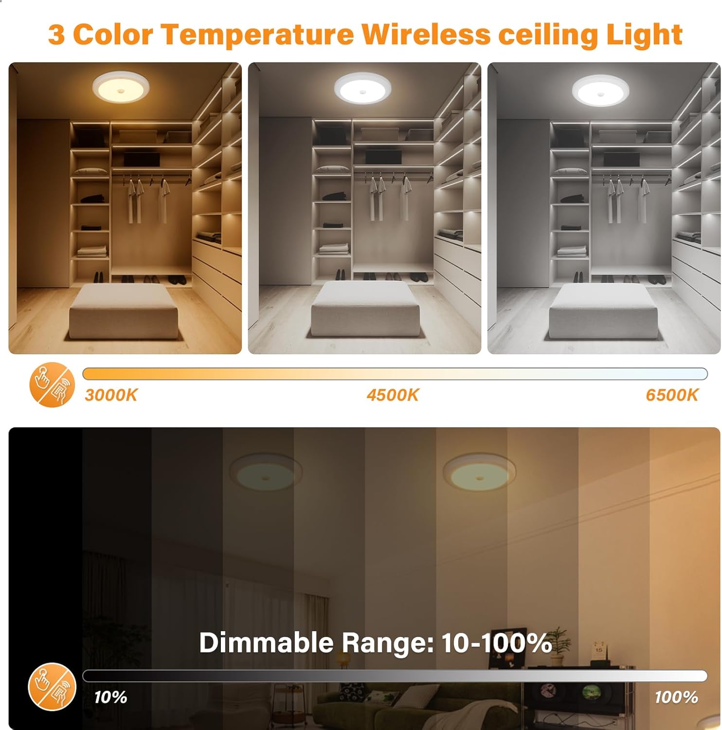 Battery Operated Motion Sensor Ceiling Light with Remote, 3 Color, Dimmable, Wireless LED Battery Powered Closet Light, for Closet Doorway Stairs Hallway Bathroom, 1 Packs(Battery Not Included)