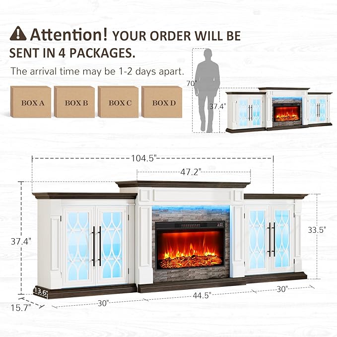 Chimenea Eléctrica Naice 104" con Soporte TV, Puertas de Vidrio y Calefactor miniatura 2