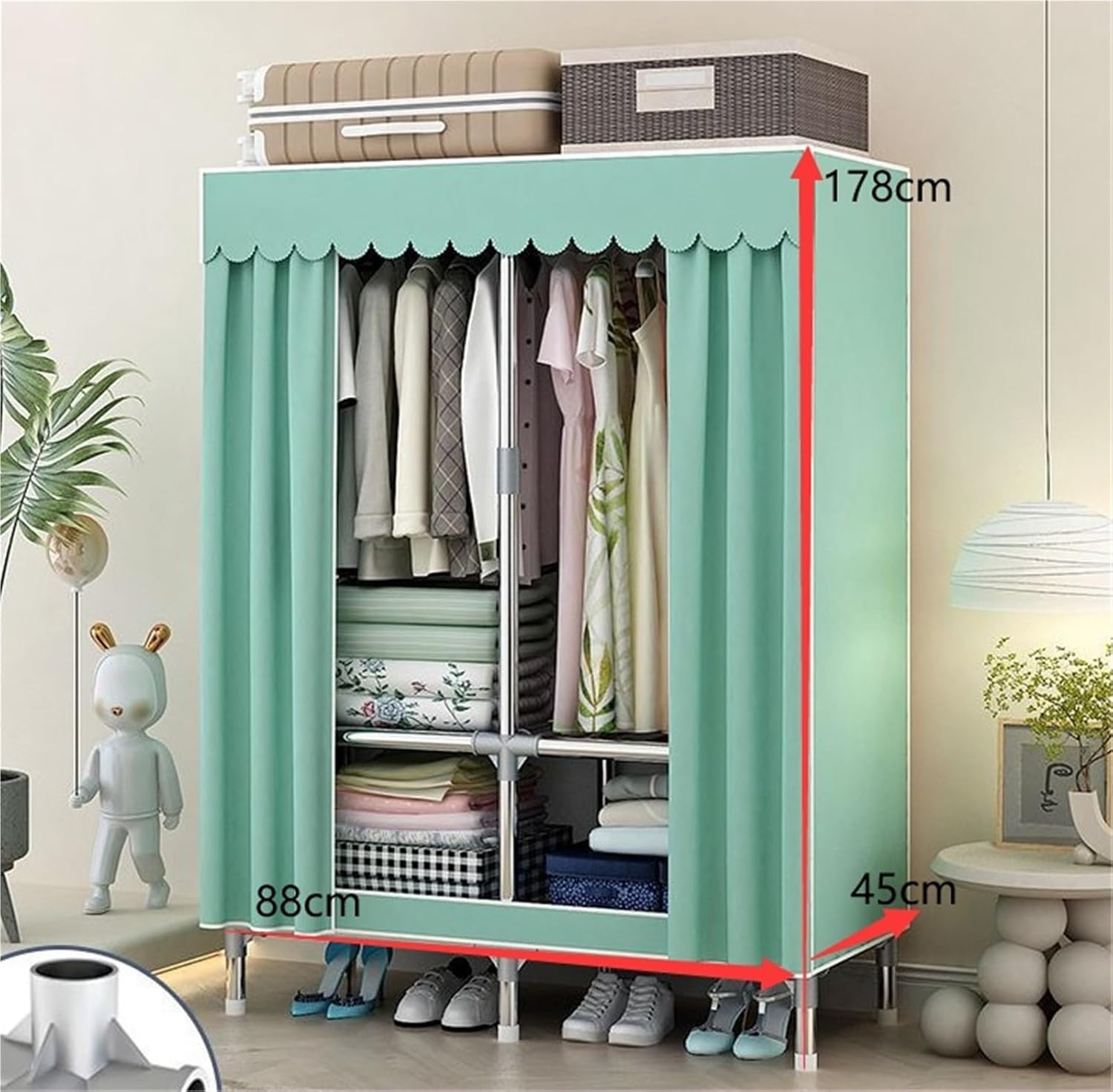 Portable Closet Wardrobe Closet Metal Wardrobe Cabinet with Hanging Rods Bedroom Wardrobe Closet for Home Office Easy Assemble(88x45x178cm)