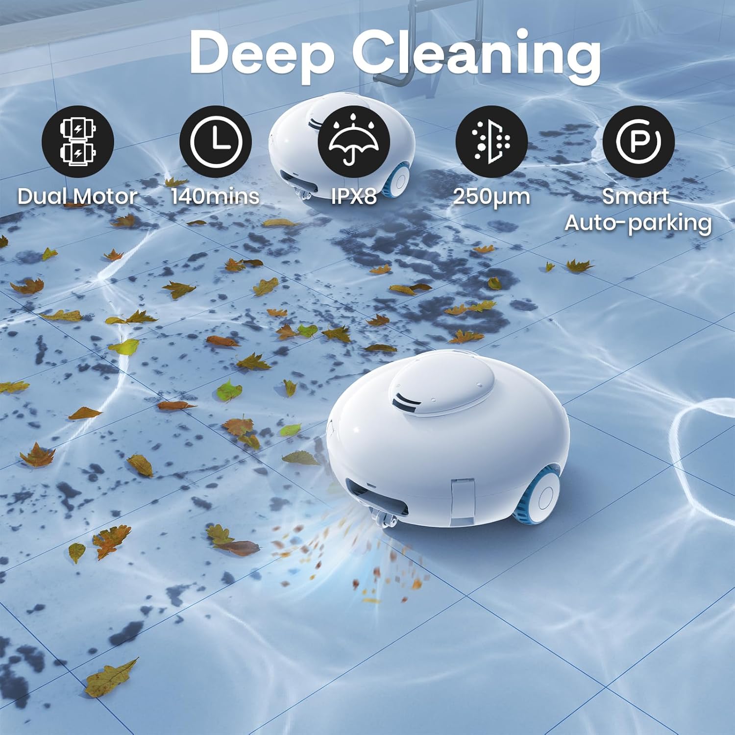 2025 Cordless Robotic Pool Vacuum, Pool Cleaner for Above Ground/Inground Pools - 7500mAh Battery, Lightweight, 140mins Runtime, Powerful Suction Pool Cleaner Vacuum for Flat-Bottom Swimming Pools White