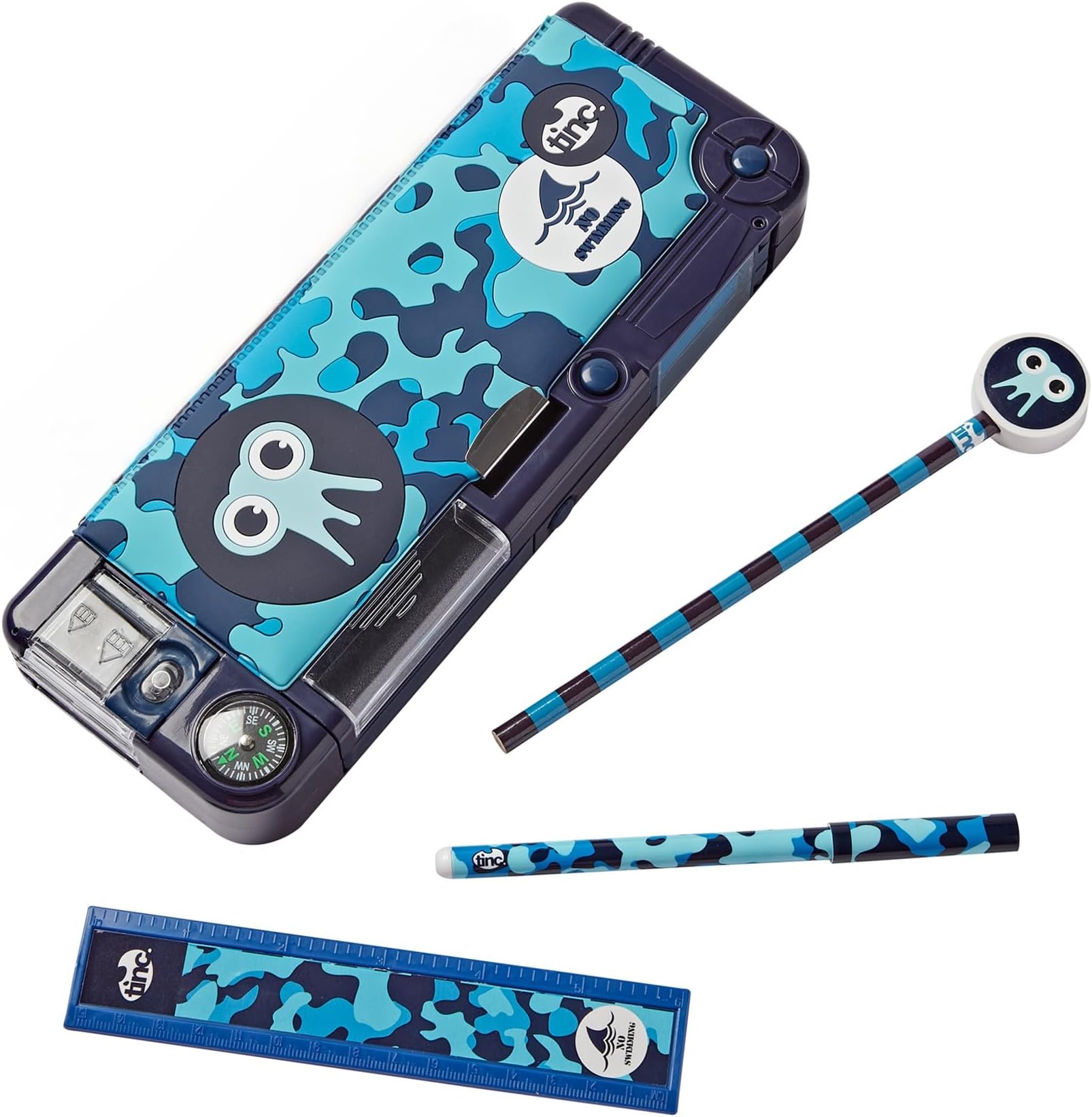 Tinc Pop-Out Compartment School Pencil Case - Blue - Includes Pencil with Eraser Topper, Ballpoint Pen & 15cm Ruler - Secret Compartments with Push Button, One Size (SNPCCAMT)
