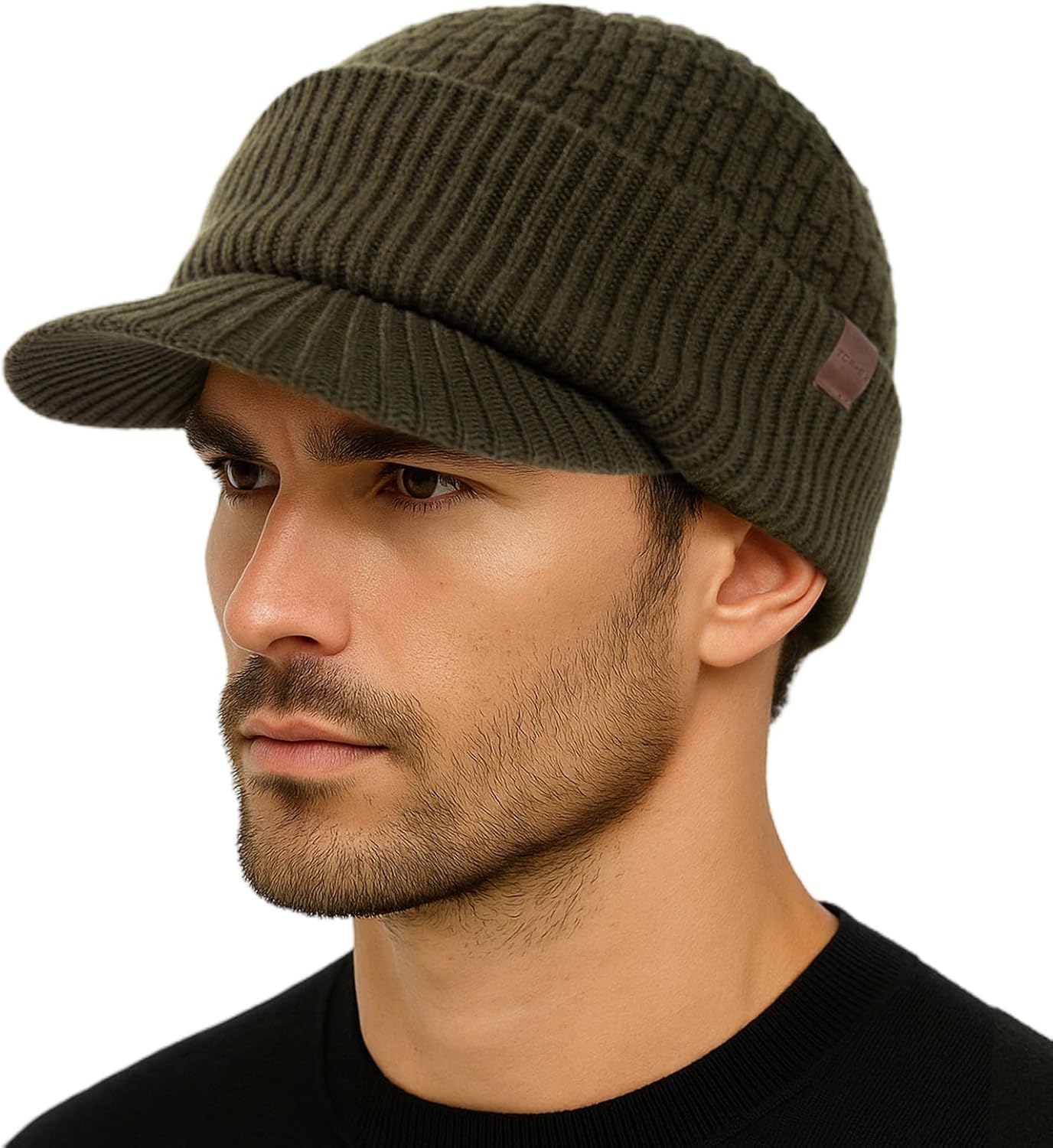 TOP-EX PolarWool™ 50% Merino Wool Winter Hat for Men Fleece Lined Visor Beanie with Brim Outdoor Knit Cap for Cold Weather