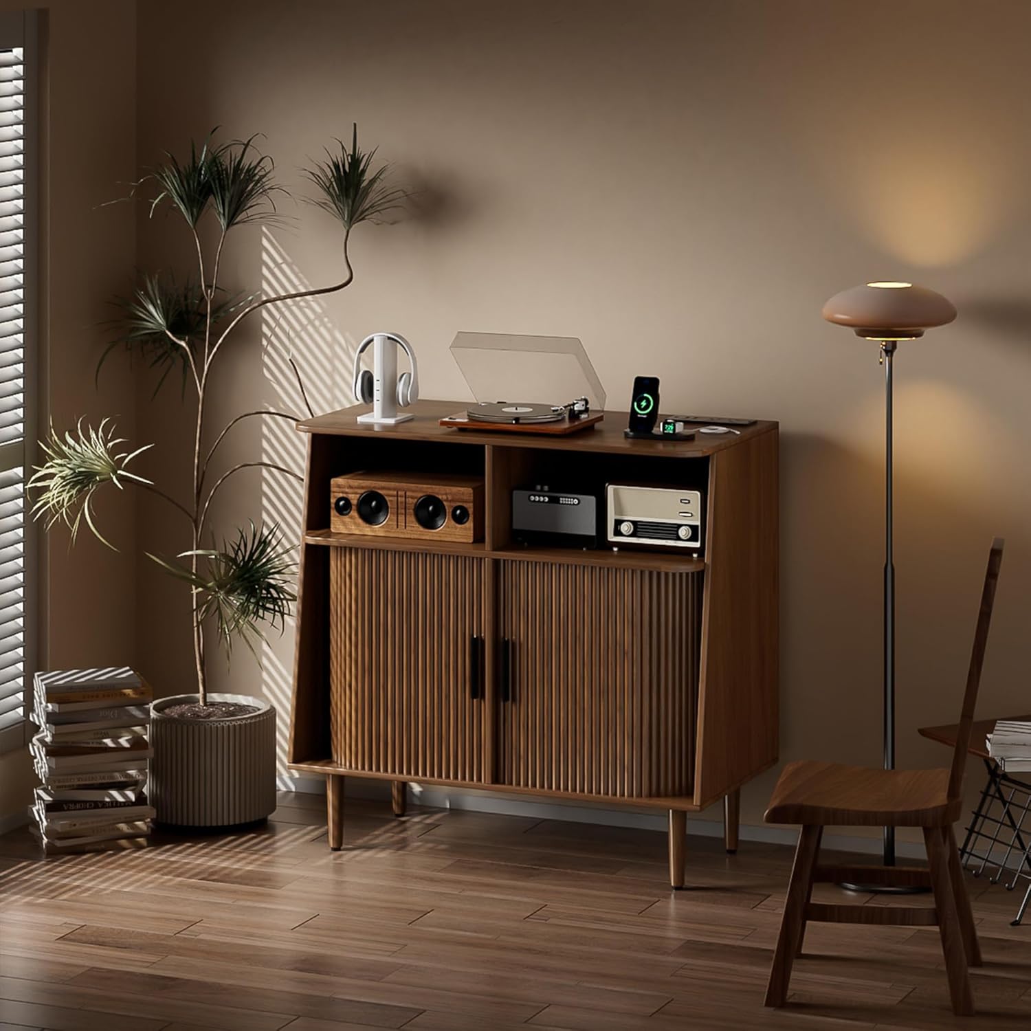 Record Player Stand with Vinyl Storage, Mid Century Modern Vinyl Storage Cabinet with Power Outlet and Sliding Doors, Turntable Stand Table Holds Up to 350 Albums for Living Room (walnut, 31.5"W)